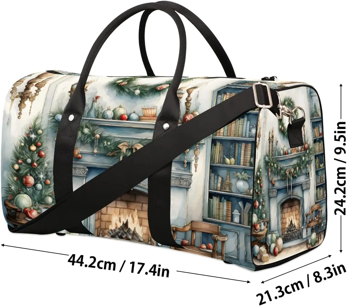 Christmas Fireplace Travel Duffel Bag for Women Men Waterproof Foldable Overnight Weekender Bag Large Capacity Sports Gym Bag