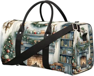 Christmas Fireplace Travel Duffel Bag for Women Men Waterproof Foldable Overnight Weekender Bag Large Capacity Sports Gym Bag