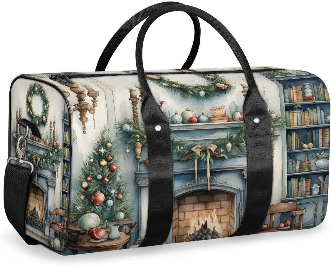 Christmas Fireplace Travel Duffel Bag for Women Men Waterproof Foldable Overnight Weekender Bag Large Capacity Sports Gym Bag