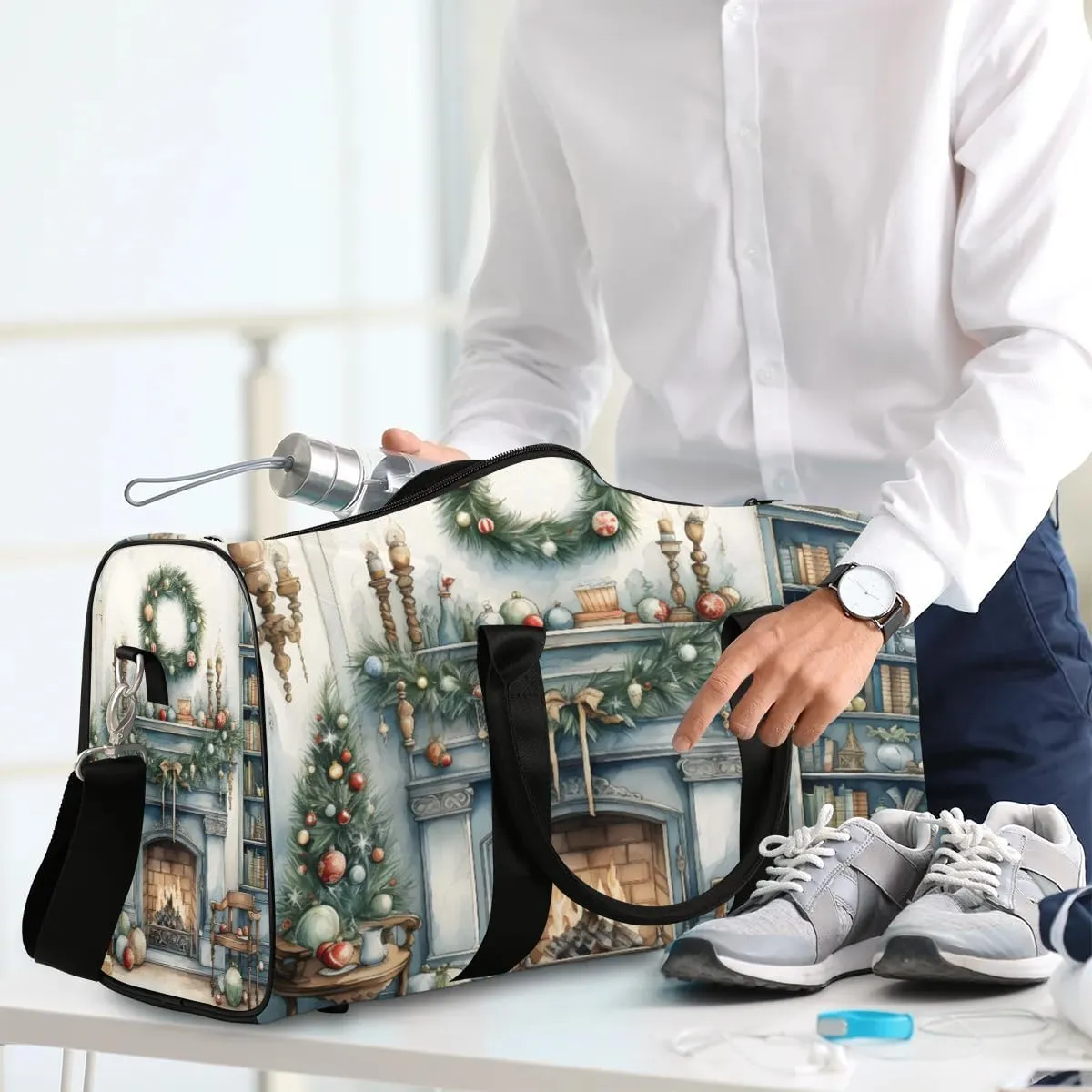 Christmas Fireplace Travel Duffel Bag for Women Men Waterproof Foldable Overnight Weekender Bag Large Capacity Sports Gym Bag