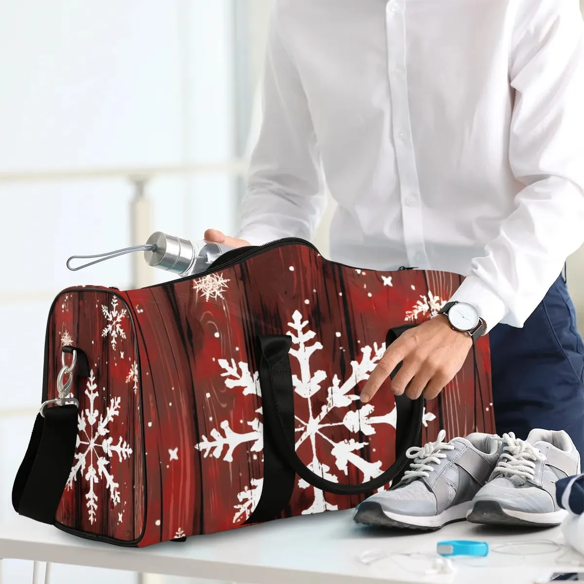Christmas Snowflakes Travel Duffel Bag for Women Men Waterproof Foldable Overnight Weekender Bag Large Capacity Sports Gym Bag