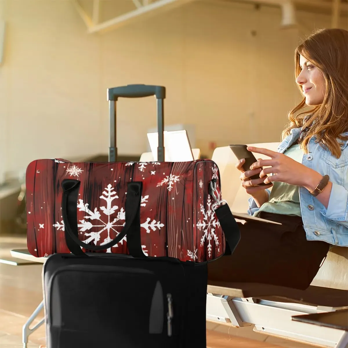 Christmas Snowflakes Travel Duffel Bag for Women Men Waterproof Foldable Overnight Weekender Bag Large Capacity Sports Gym Bag