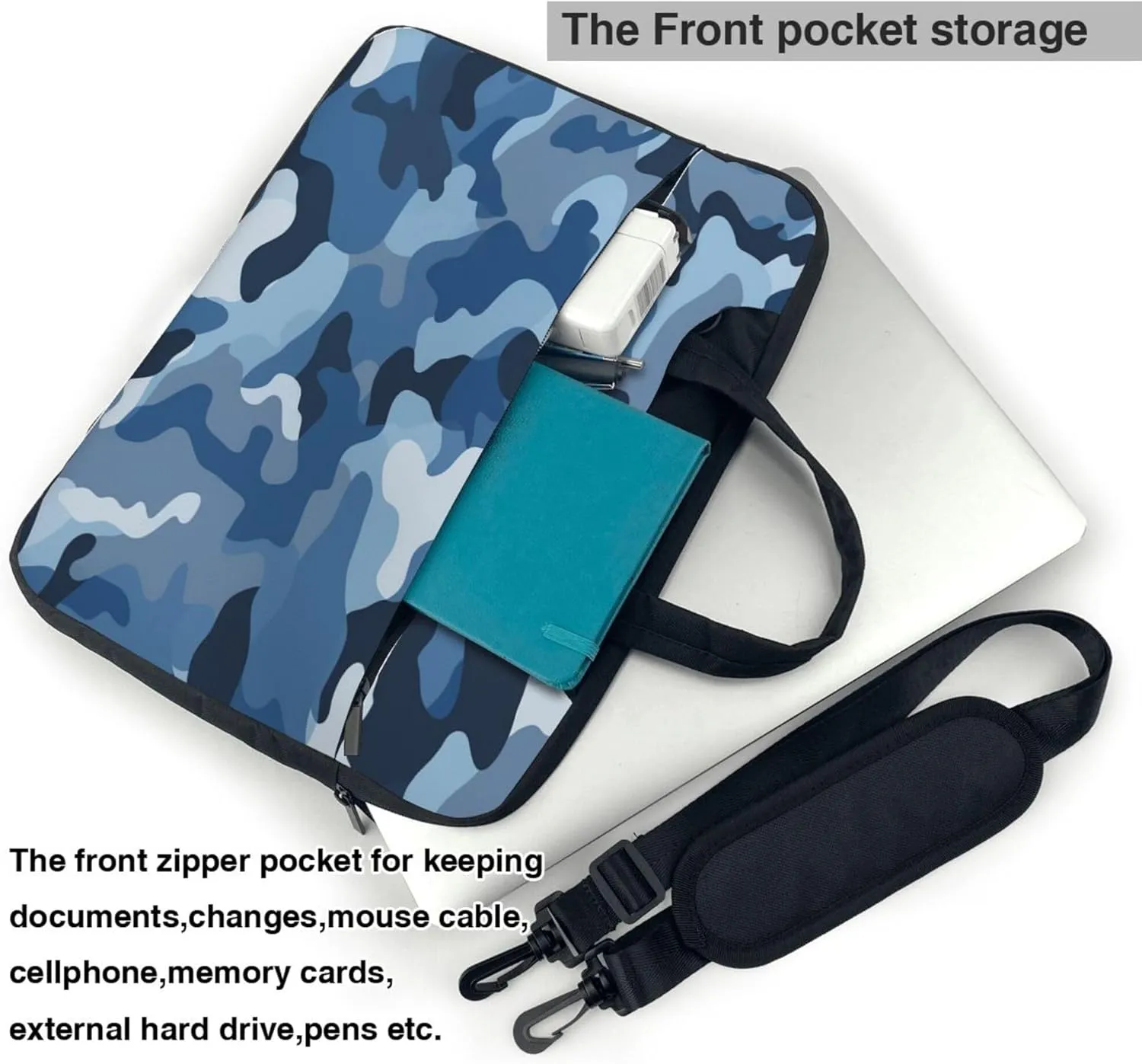 Classic Blue Camo Laptop Shoulder Bag for Women, Camouflage Print Laptop Sleeve Case Durable Computer Bag