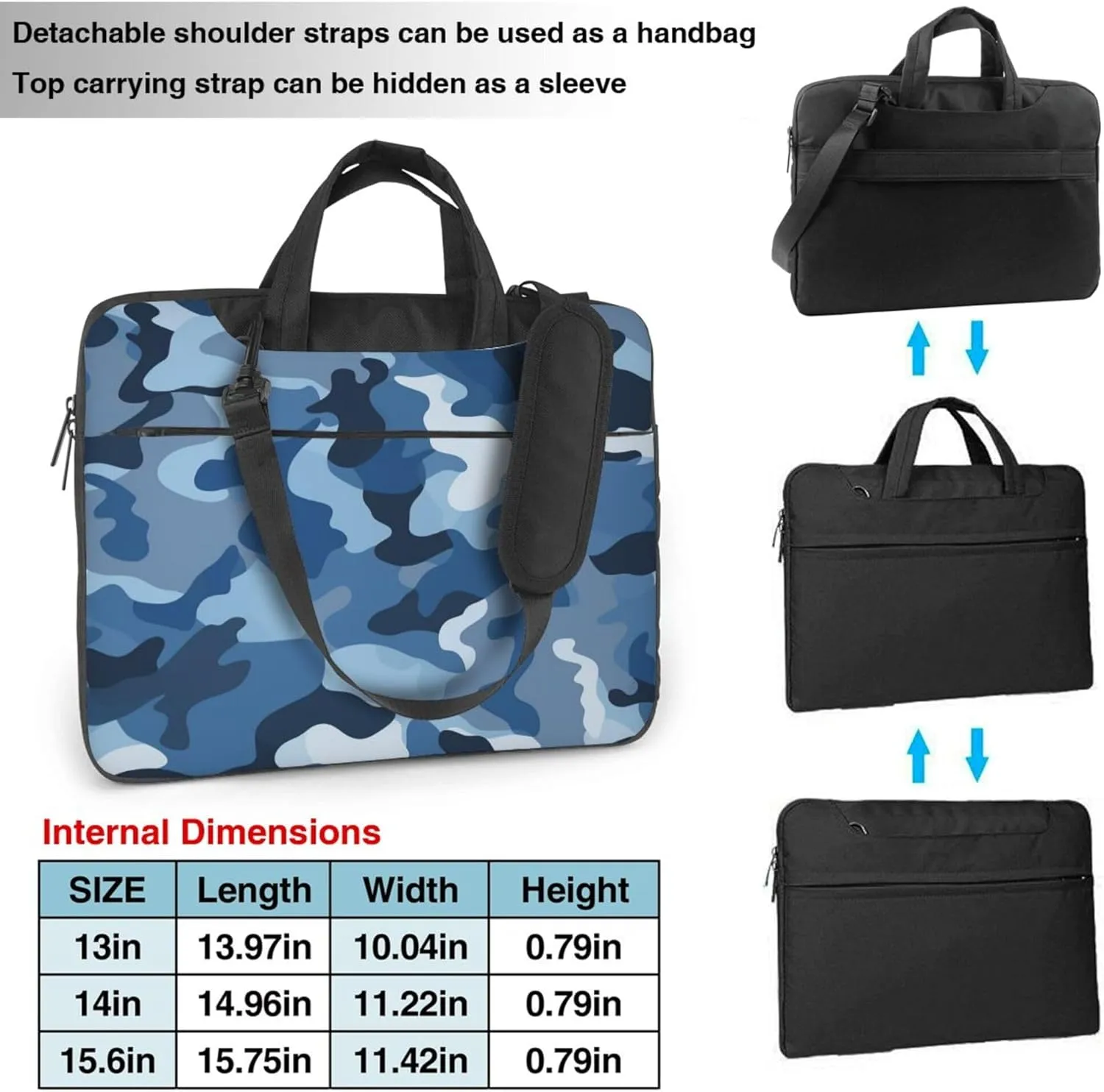 Classic Blue Camo Laptop Shoulder Bag for Women, Camouflage Print Laptop Sleeve Case Durable Computer Bag