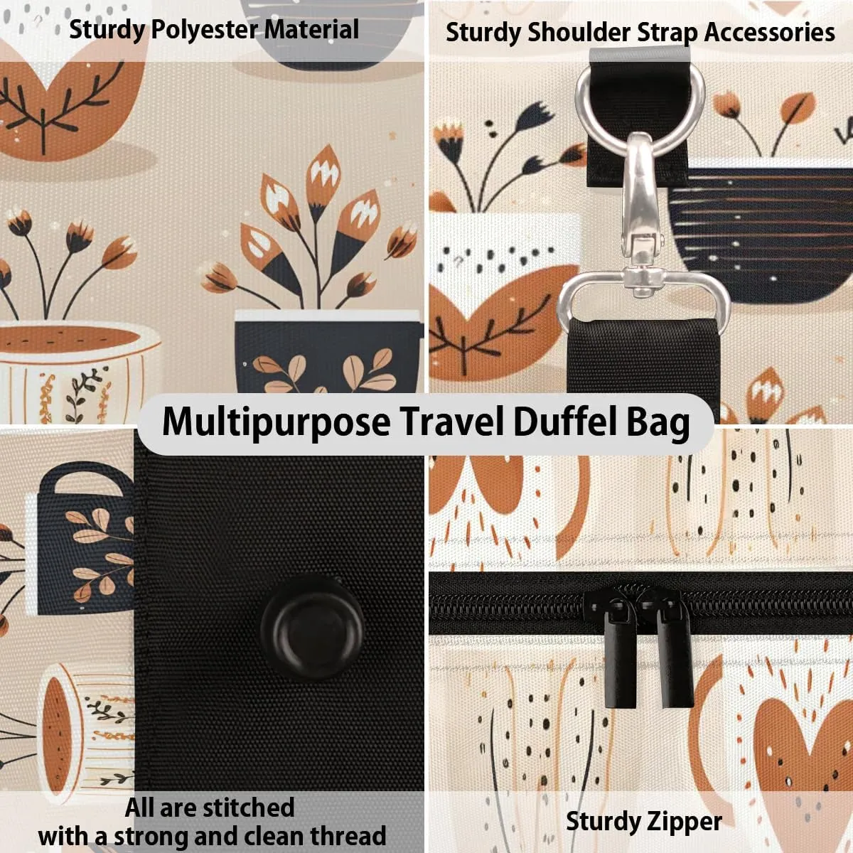 Classic Coffee Style Travel Duffel Bag for Women Men Waterproof Foldable Overnight Weekender Bag Large Capacity Sports Gym Bag