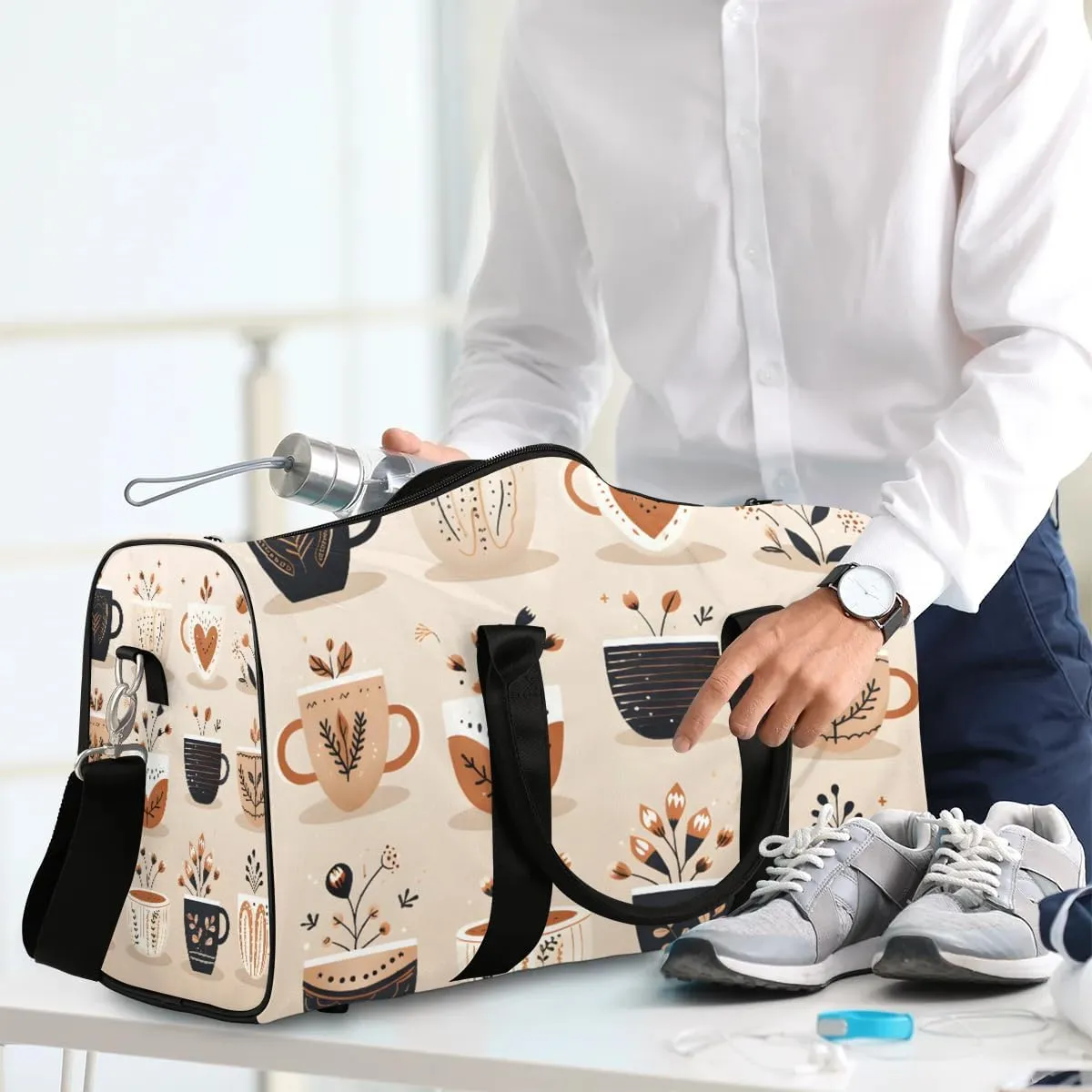 Classic Coffee Style Travel Duffel Bag for Women Men Waterproof Foldable Overnight Weekender Bag Large Capacity Sports Gym Bag