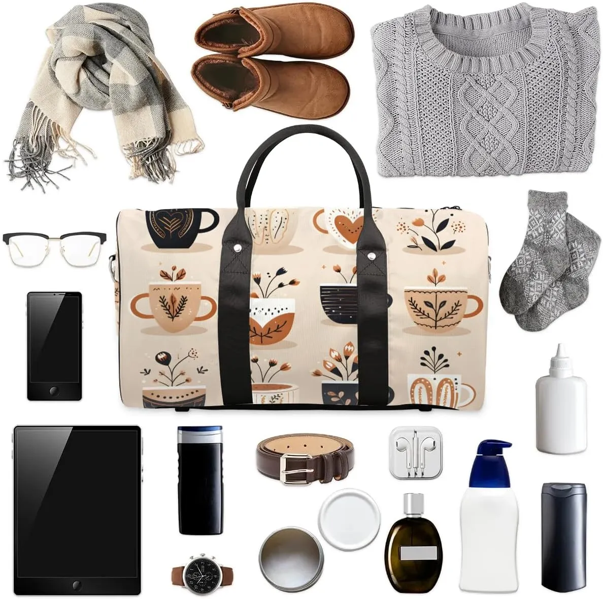 Classic Coffee Style Travel Duffel Bag for Women Men Waterproof Foldable Overnight Weekender Bag Large Capacity Sports Gym Bag