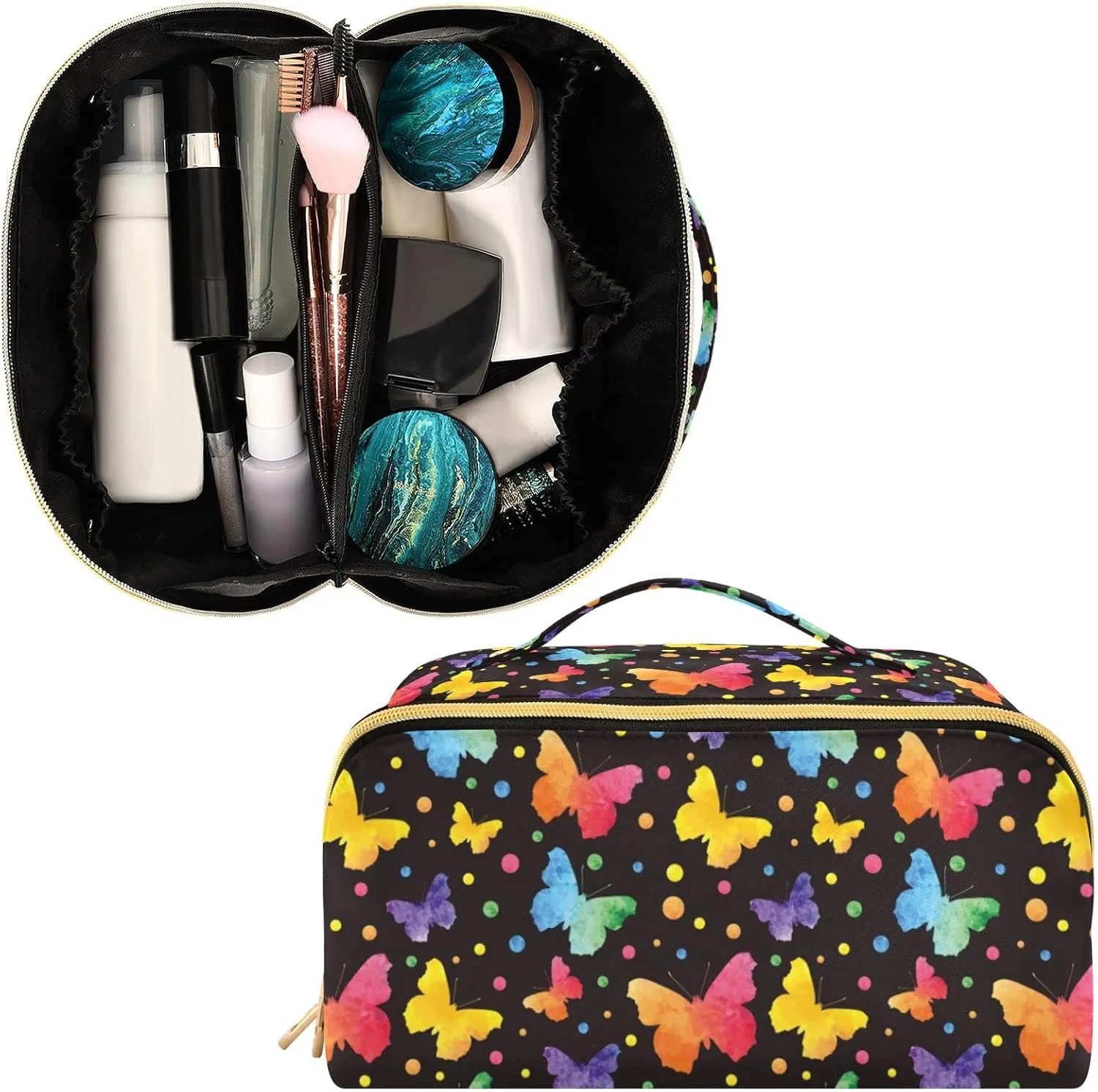 Colorful Cute Butterflies Large Capacity Cosmetic Bag Travel Makeup Bags with Large Opening and Handle Twill Cosmetic Organizer for Women
