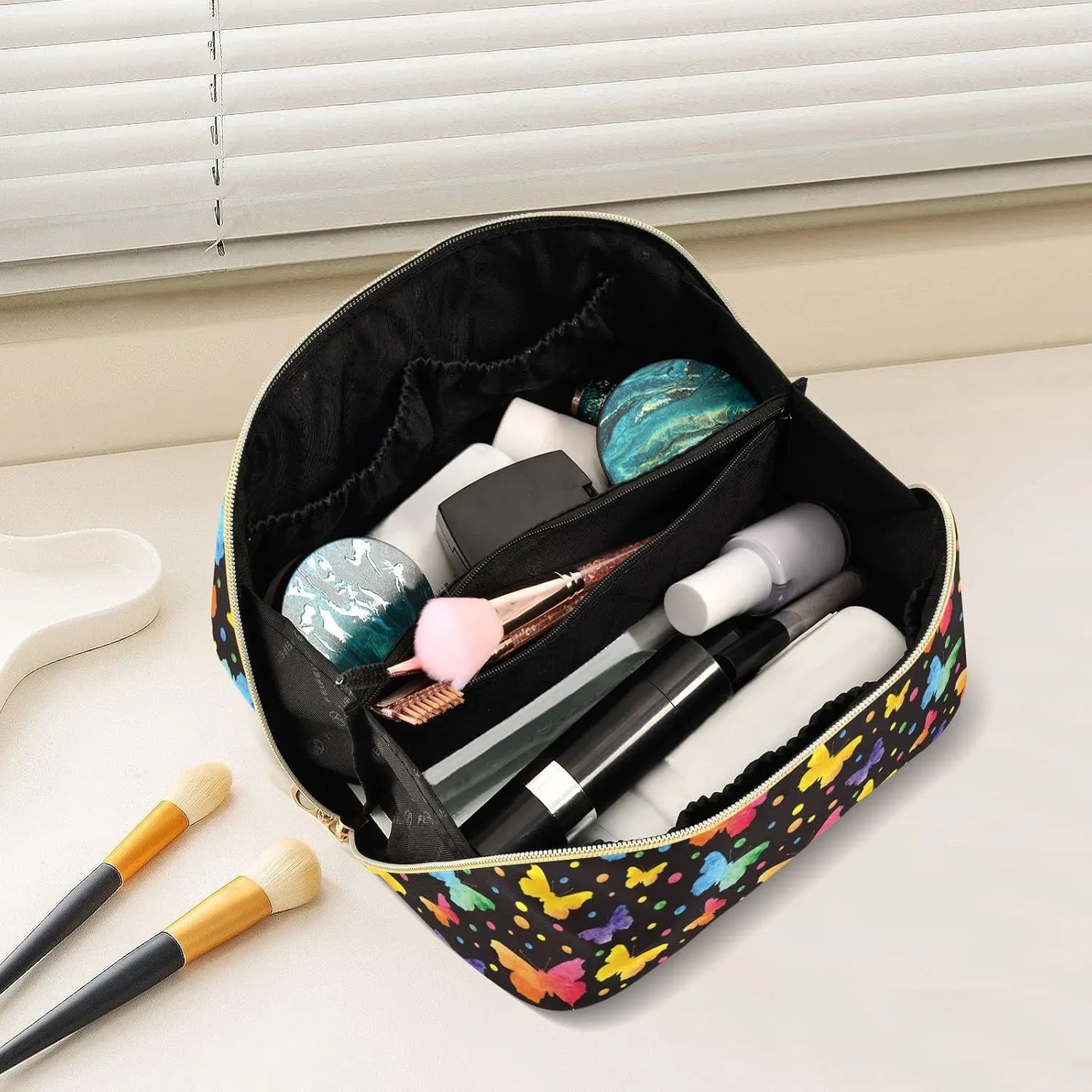 Colorful Cute Butterflies Large Capacity Cosmetic Bag Travel Makeup Bags with Large Opening and Handle Twill Cosmetic Organizer for Women
