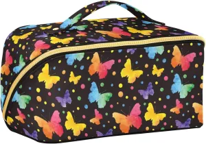 Colorful Cute Butterflies Large Capacity Cosmetic Bag Travel Makeup Bags with Large Opening and Handle Twill Cosmetic Organizer for Women