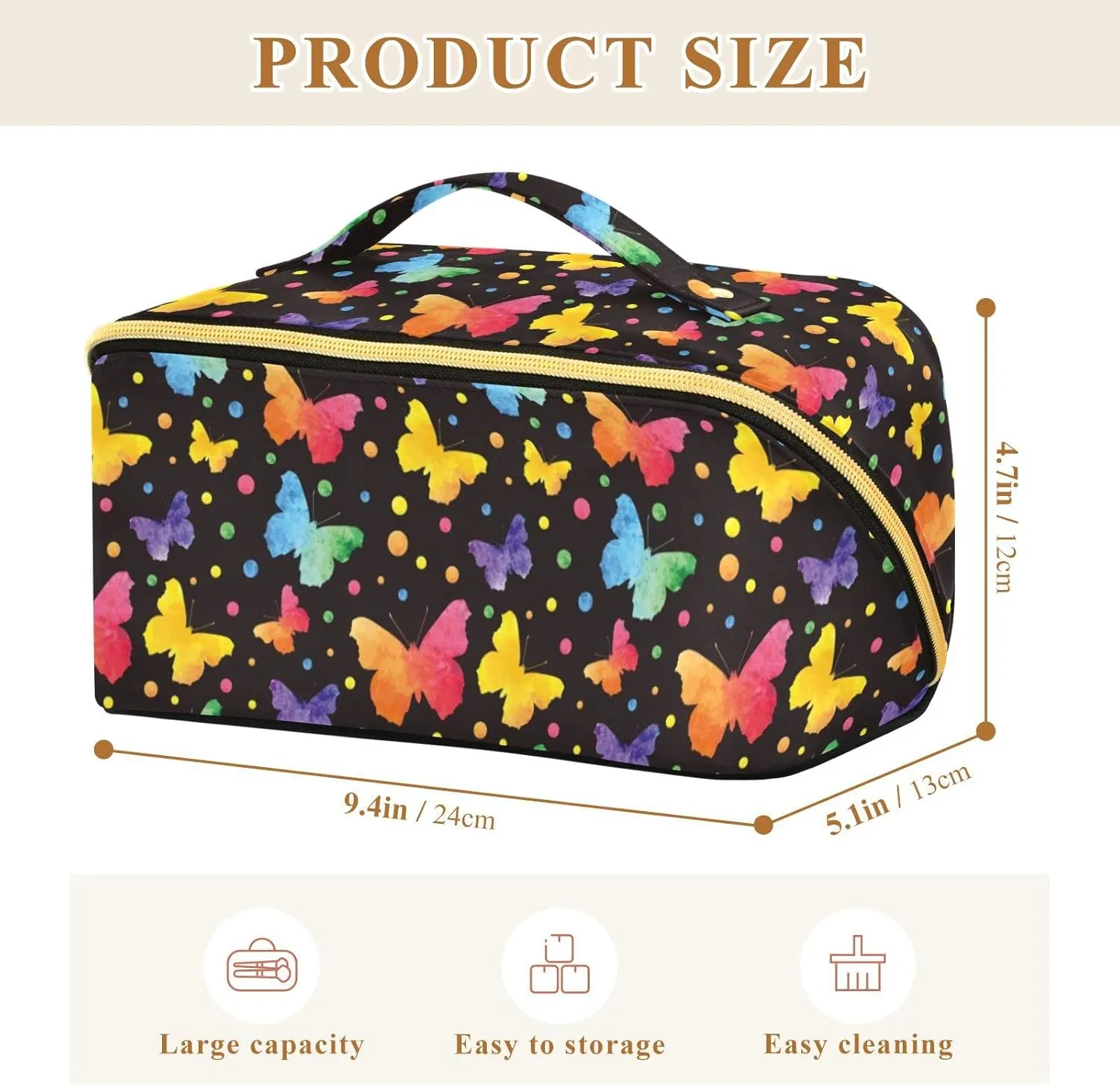 Colorful Cute Butterflies Large Capacity Cosmetic Bag Travel Makeup Bags with Large Opening and Handle Twill Cosmetic Organizer for Women