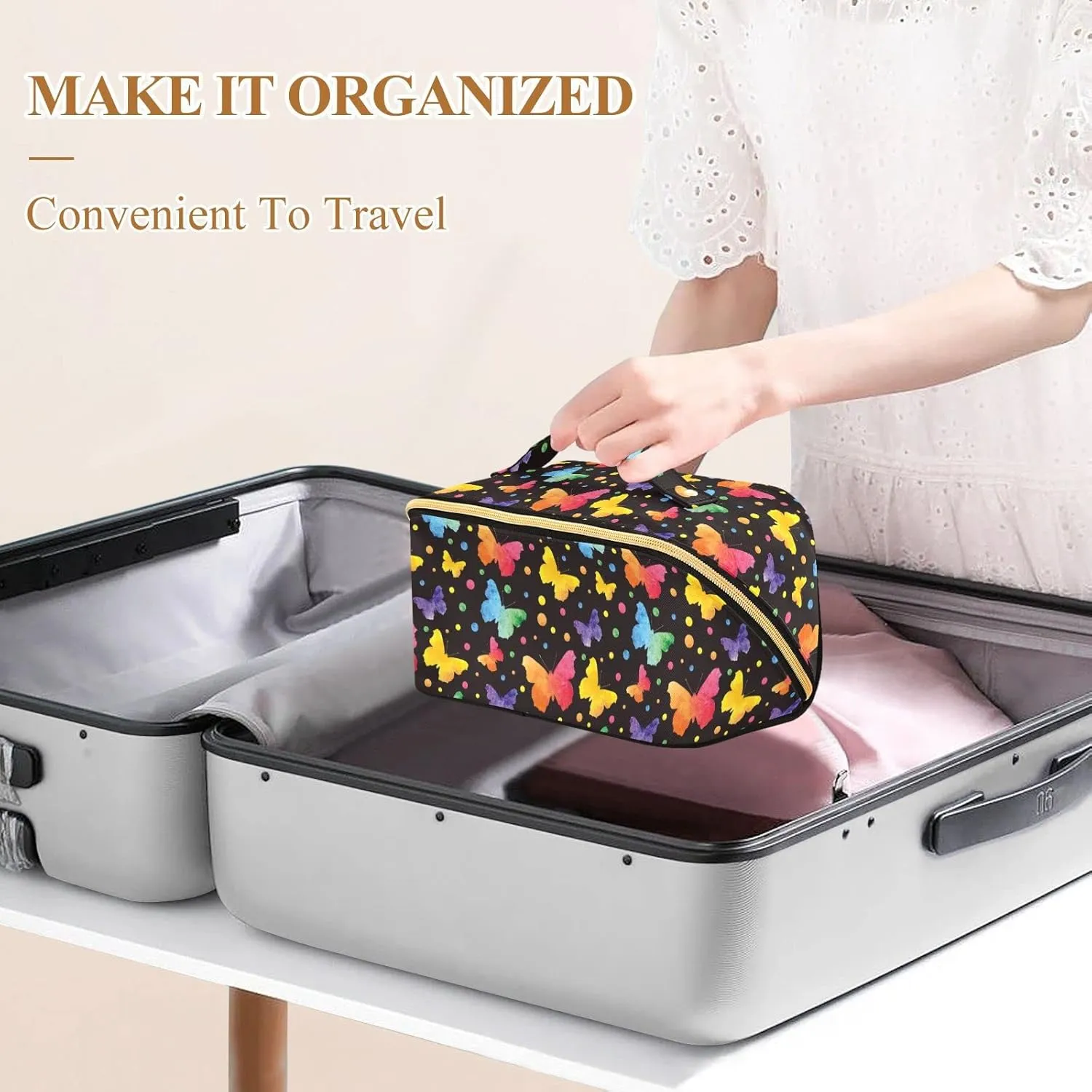 Colorful Cute Butterflies Large Capacity Cosmetic Bag Travel Makeup Bags with Large Opening and Handle Twill Cosmetic Organizer for Women