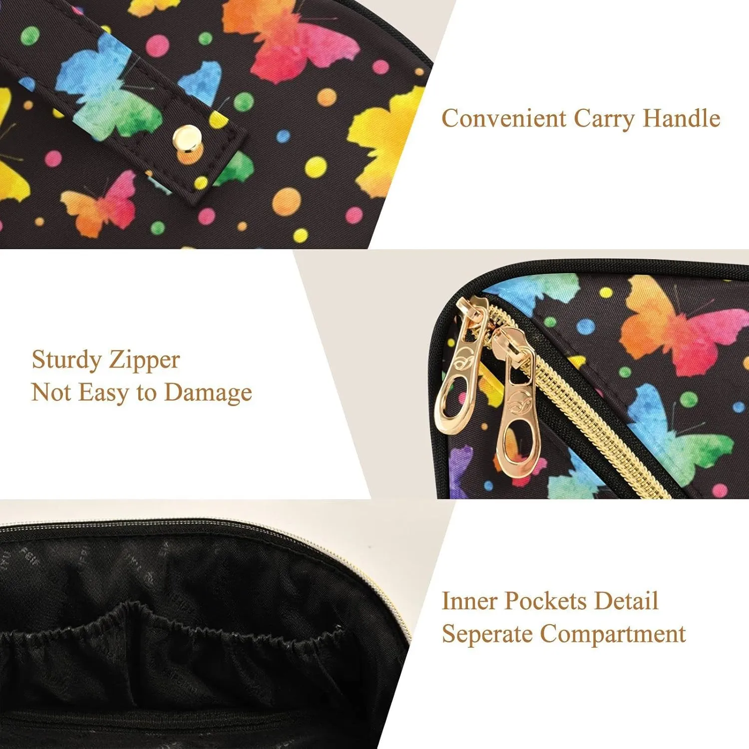 Colorful Cute Butterflies Large Capacity Cosmetic Bag Travel Makeup Bags with Large Opening and Handle Twill Cosmetic Organizer for Women