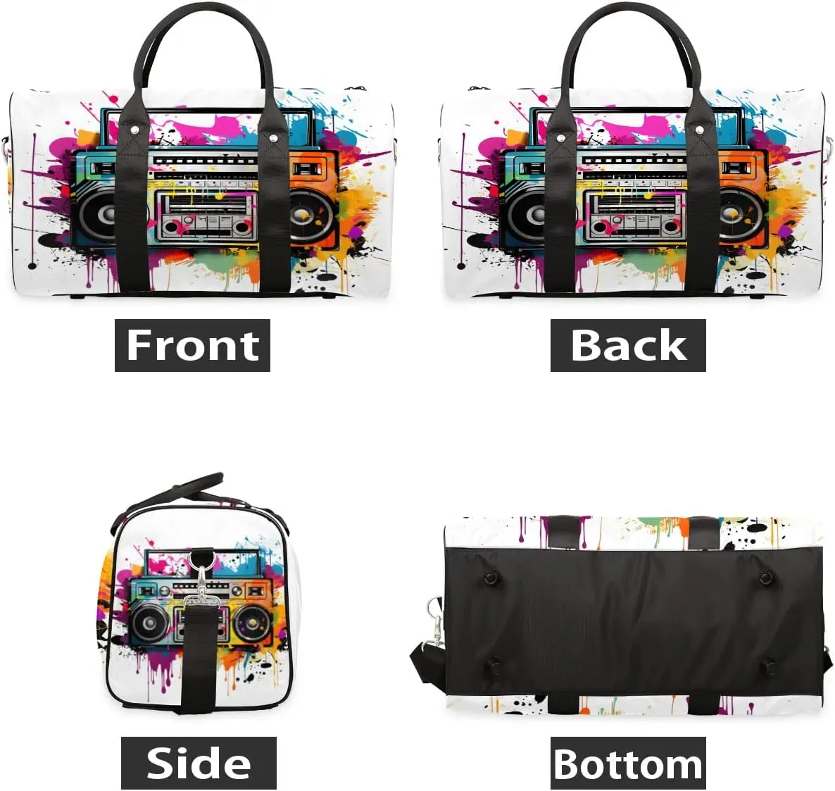 Colorful Radio Print Travel Duffel Bag for Women Men Waterproof Foldable Overnight Weekender Bag Large Capacity Sports Gym Bag