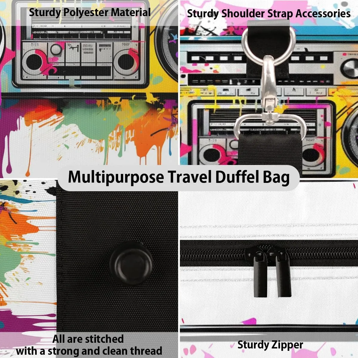 Colorful Radio Print Travel Duffel Bag for Women Men Waterproof Foldable Overnight Weekender Bag Large Capacity Sports Gym Bag