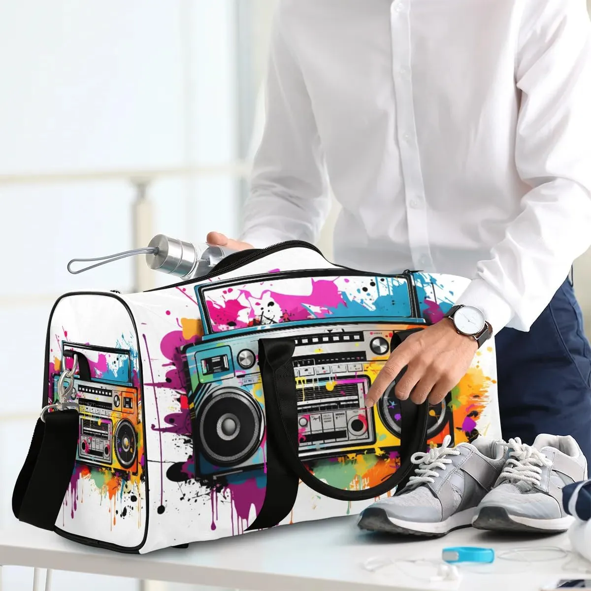 Colorful Radio Print Travel Duffel Bag for Women Men Waterproof Foldable Overnight Weekender Bag Large Capacity Sports Gym Bag