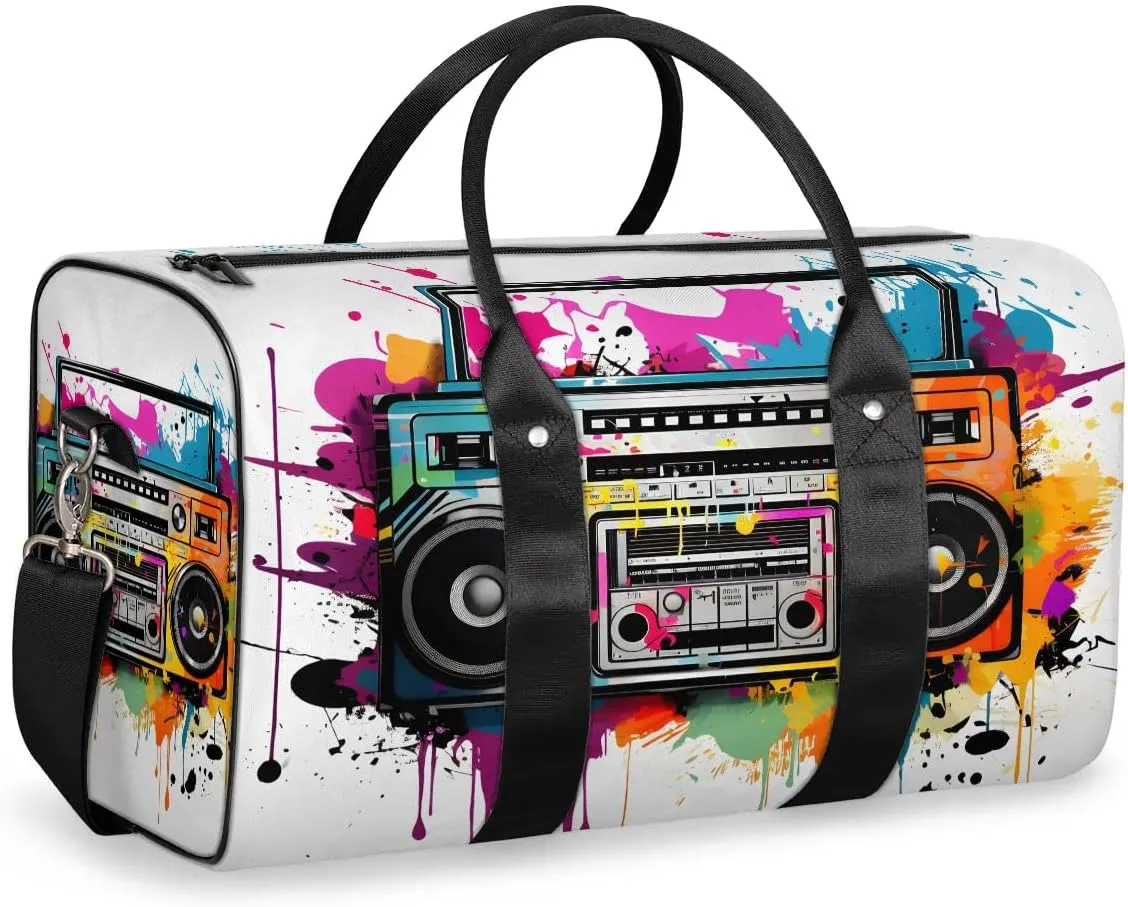 Colorful Radio Print Travel Duffel Bag for Women Men Waterproof Foldable Overnight Weekender Bag Large Capacity Sports Gym Bag