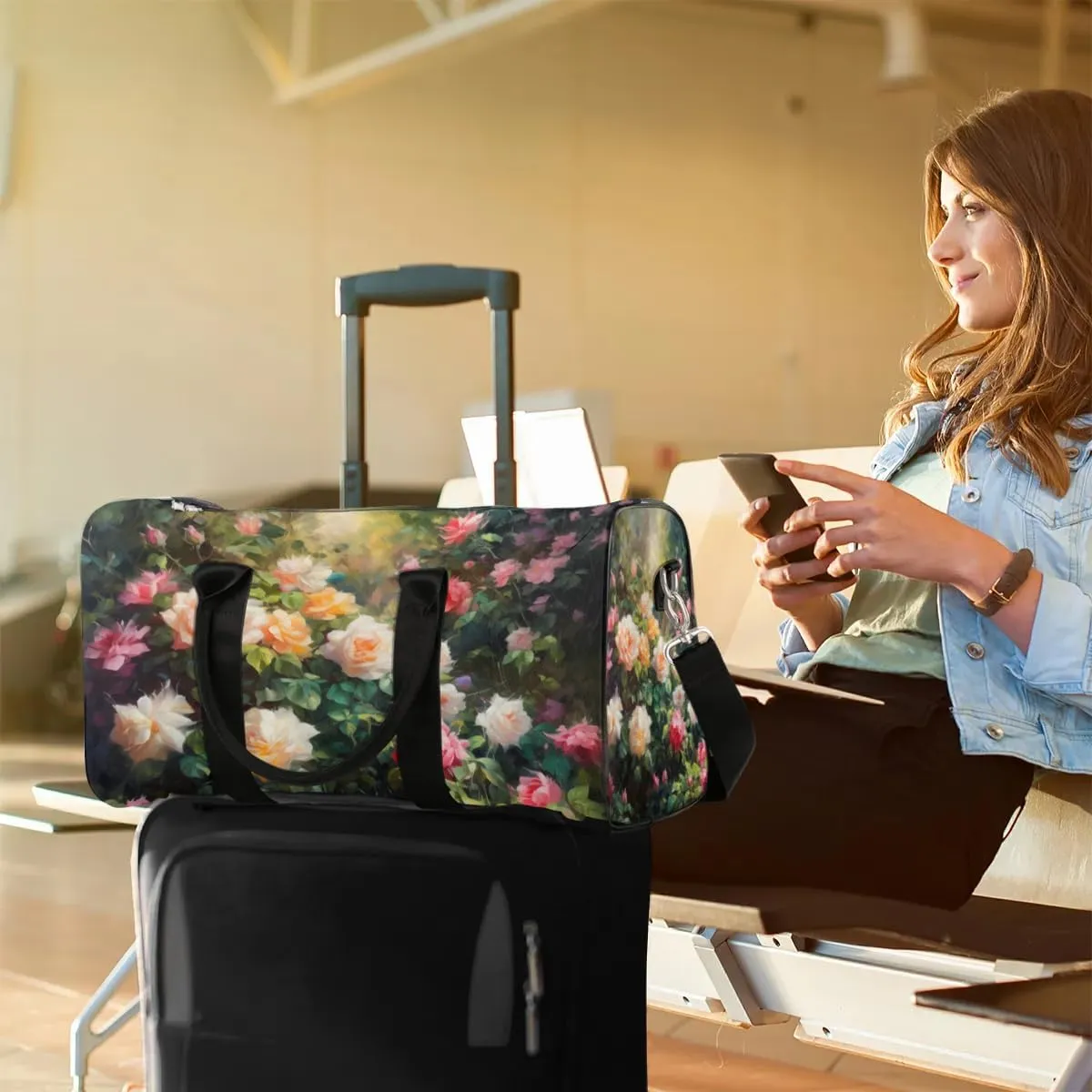 Colorful Rose Printed Travel Duffel Bag for Women Men Waterproof Foldable Overnight Weekender Bag Large Capacity Sports Gym Bag