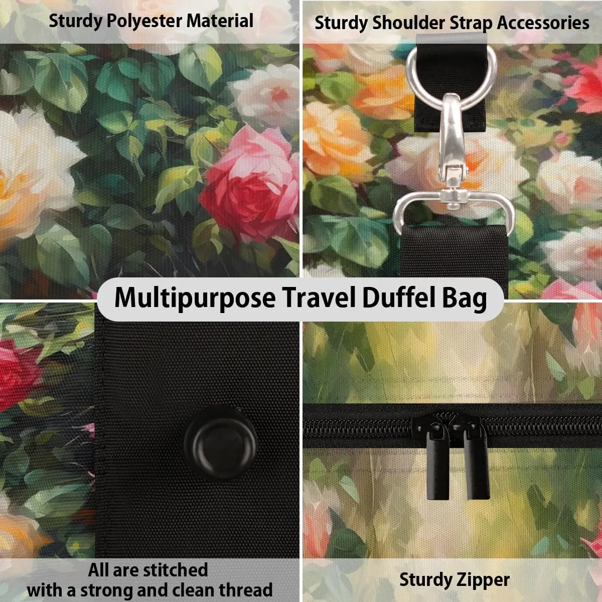 Colorful Rose Printed Travel Duffel Bag for Women Men Waterproof Foldable Overnight Weekender Bag Large Capacity Sports Gym Bag