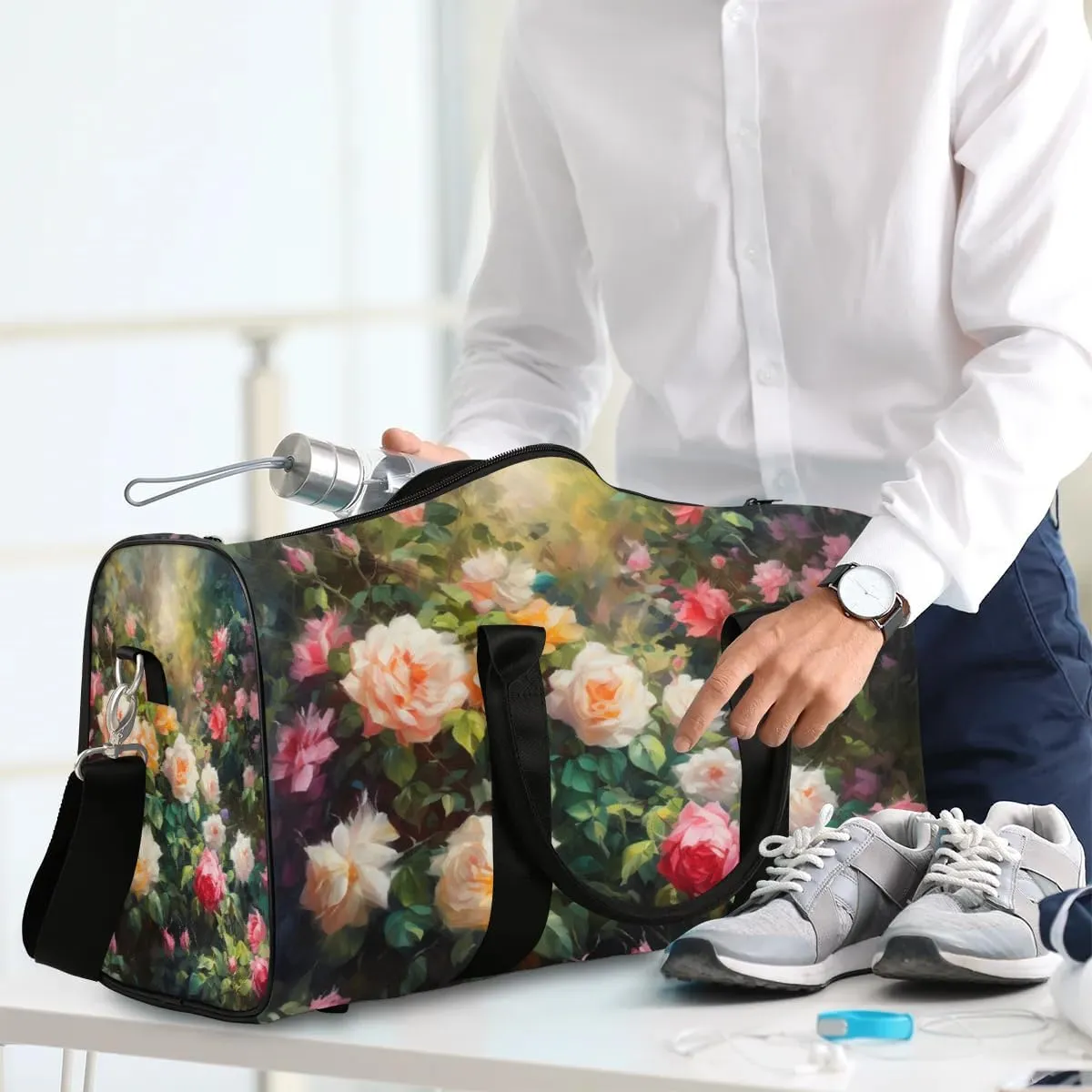Colorful Rose Printed Travel Duffel Bag for Women Men Waterproof Foldable Overnight Weekender Bag Large Capacity Sports Gym Bag
