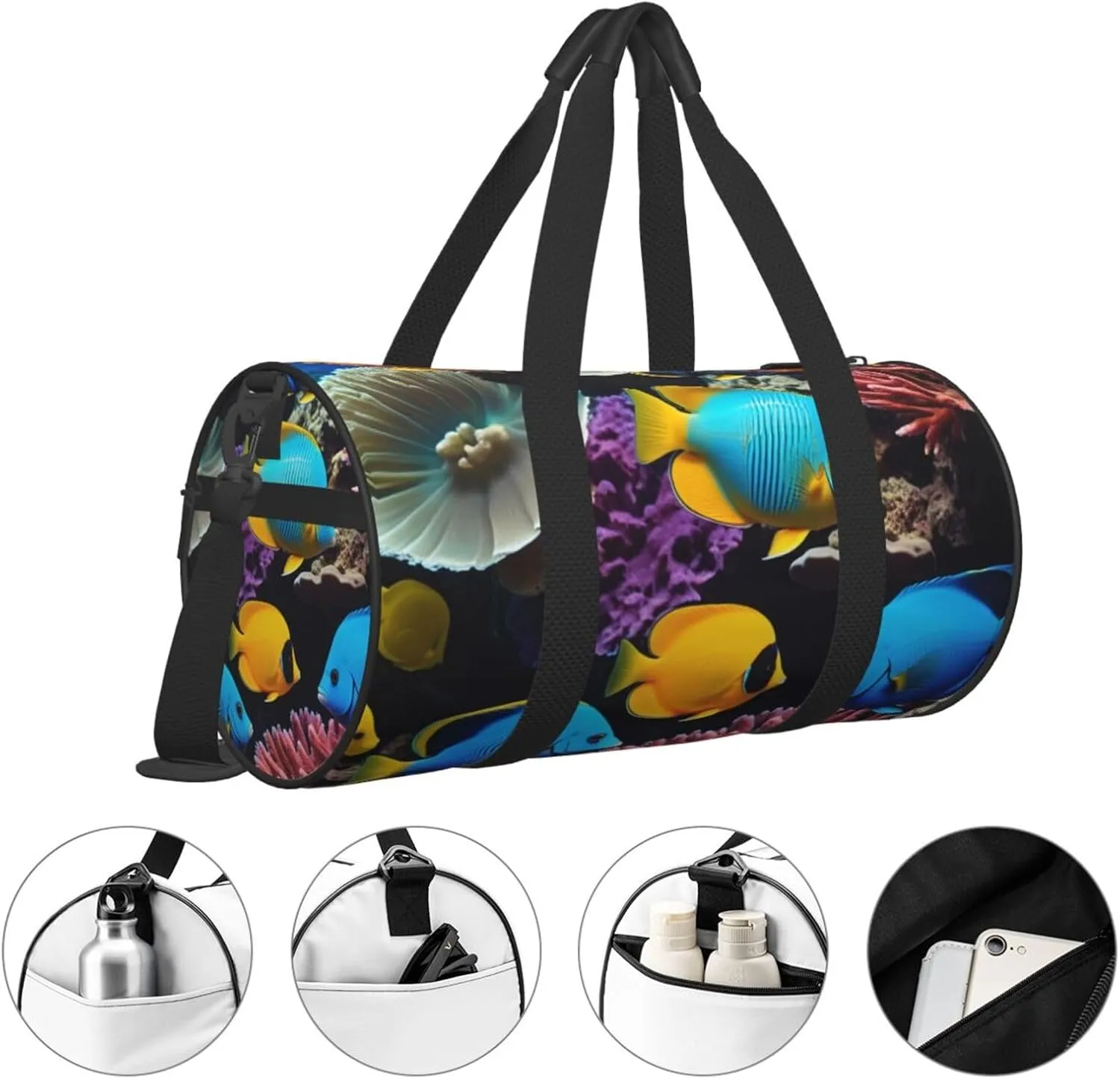 Colorful Sea Fish Printed Travel Bag,Round Personal Item Storage bag,Foldie Duffel Bag for Traveling Vacation,Fitness,Sports