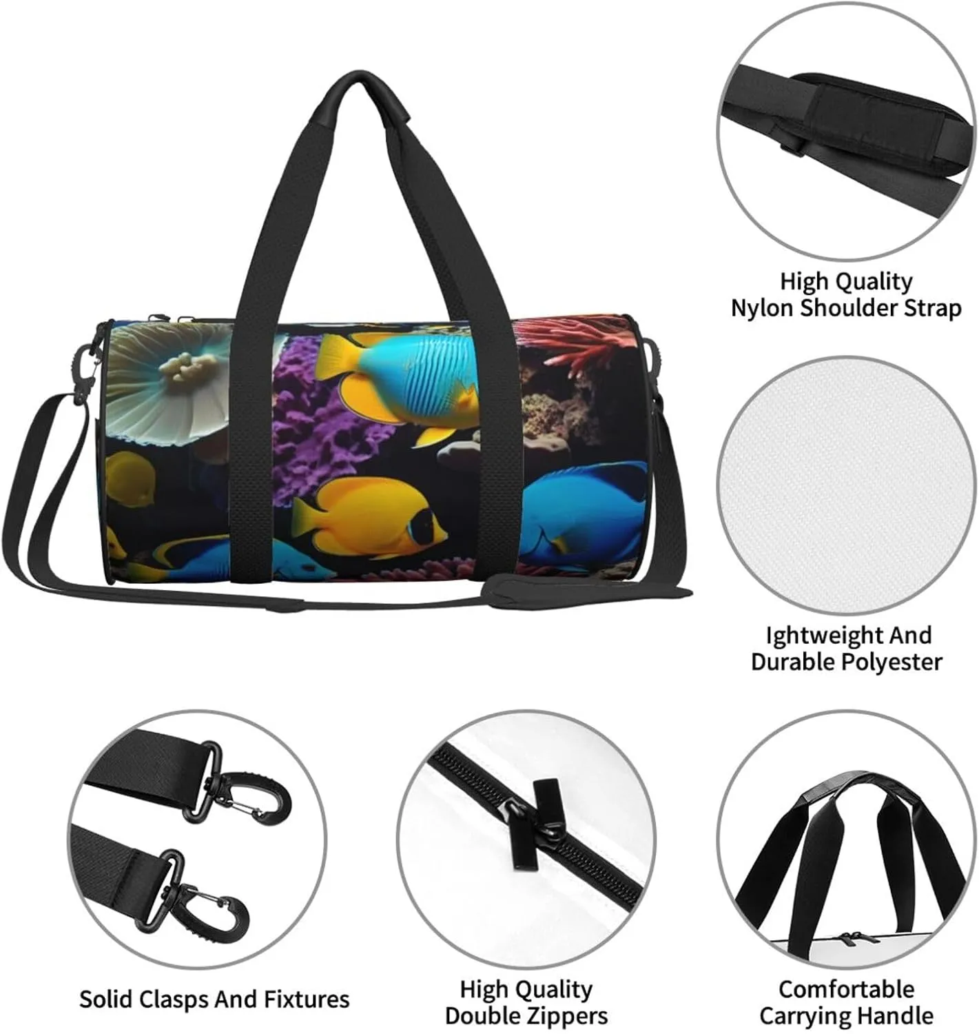 Colorful Sea Fish Printed Travel Bag,Round Personal Item Storage bag,Foldie Duffel Bag for Traveling Vacation,Fitness,Sports