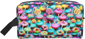 Colorful Sweet Lollipop Cupcake Donut Print Travel Toiletry Organizer Bag, Large Capacity Storage For Cosmetics, Toiletries