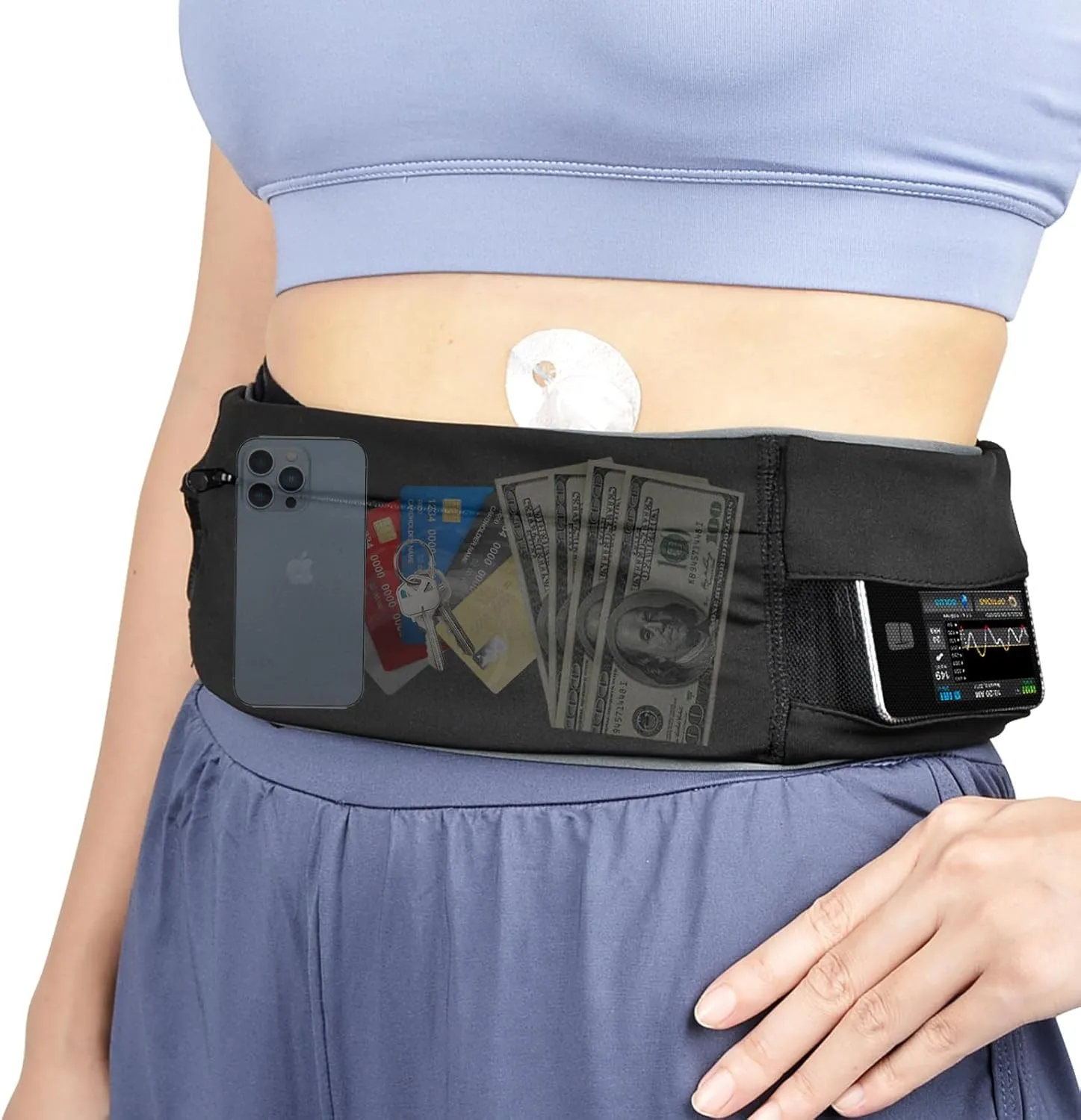 Comfortable Insulin Pump Belt with Mesh Pouches for Easy Viewing, Soft Insulin Pump Holder with Customizable Sizing for Running/Sleeping, Diabetic Waist Band for Men Women, Size M (24" - 36")
