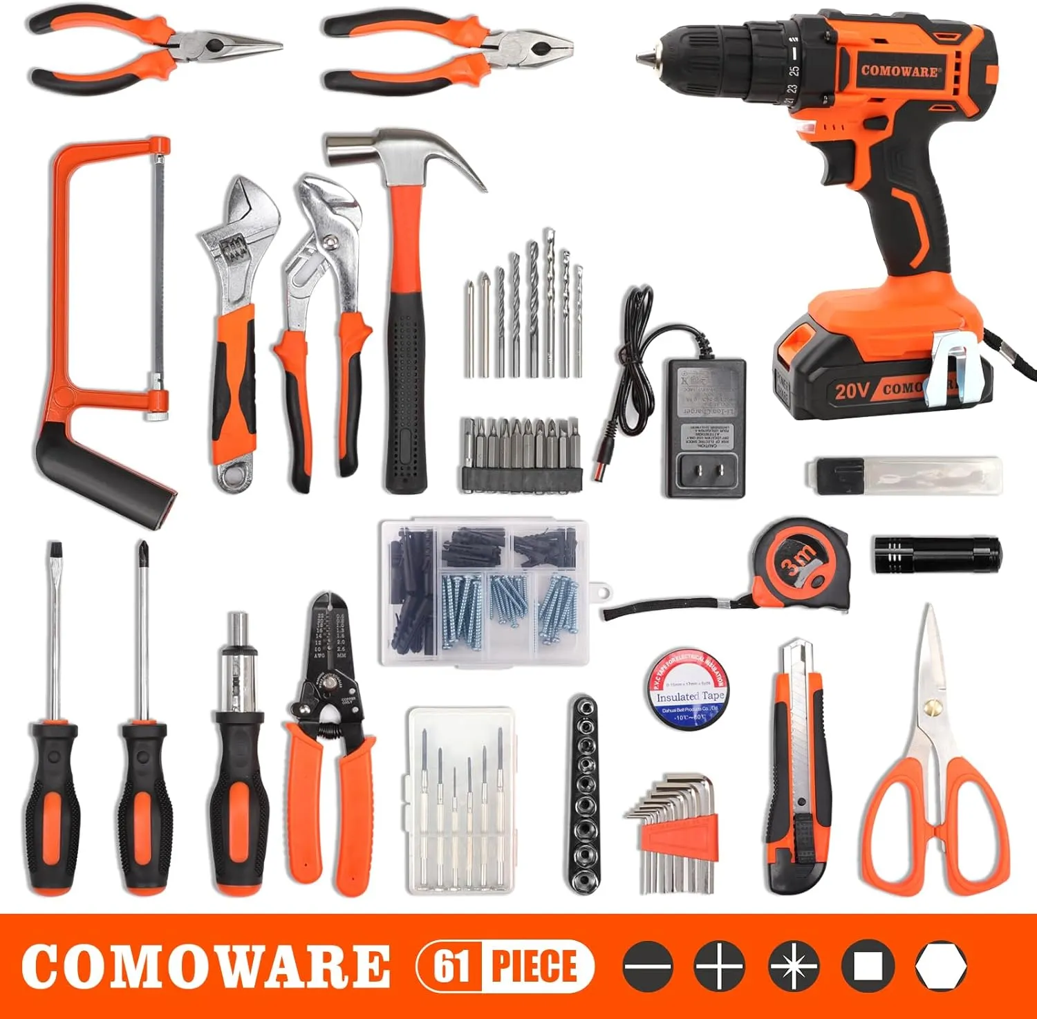 COMOWARE 20V Cordless Drill Set Combo Kit,120 Pcs Tool Kit for Home, Household Tool Sets for Men, Basic Tool Kit with Power Drill, Tool Set with Drill for Garden Office Home Repair