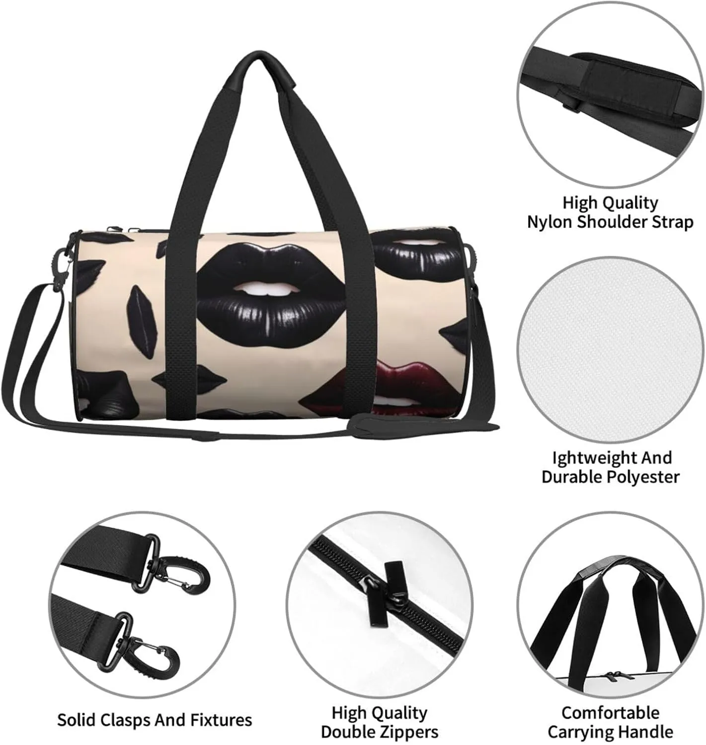 Cool Black Lipstick Lips Printed Travel Bag,Round Personal Item Storage bag,Foldie Duffel Bag for Traveling Vacation,Fitness,Sports