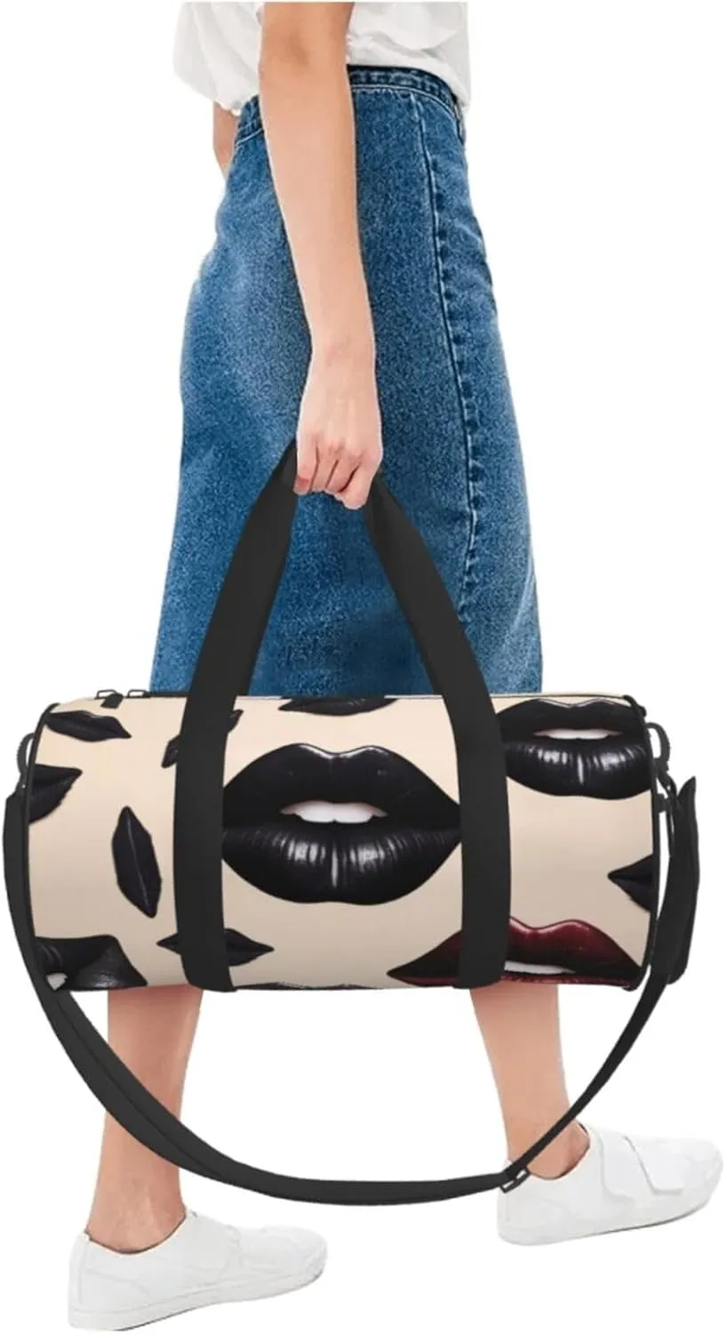 Cool Black Lipstick Lips Printed Travel Bag,Round Personal Item Storage bag,Foldie Duffel Bag for Traveling Vacation,Fitness,Sports