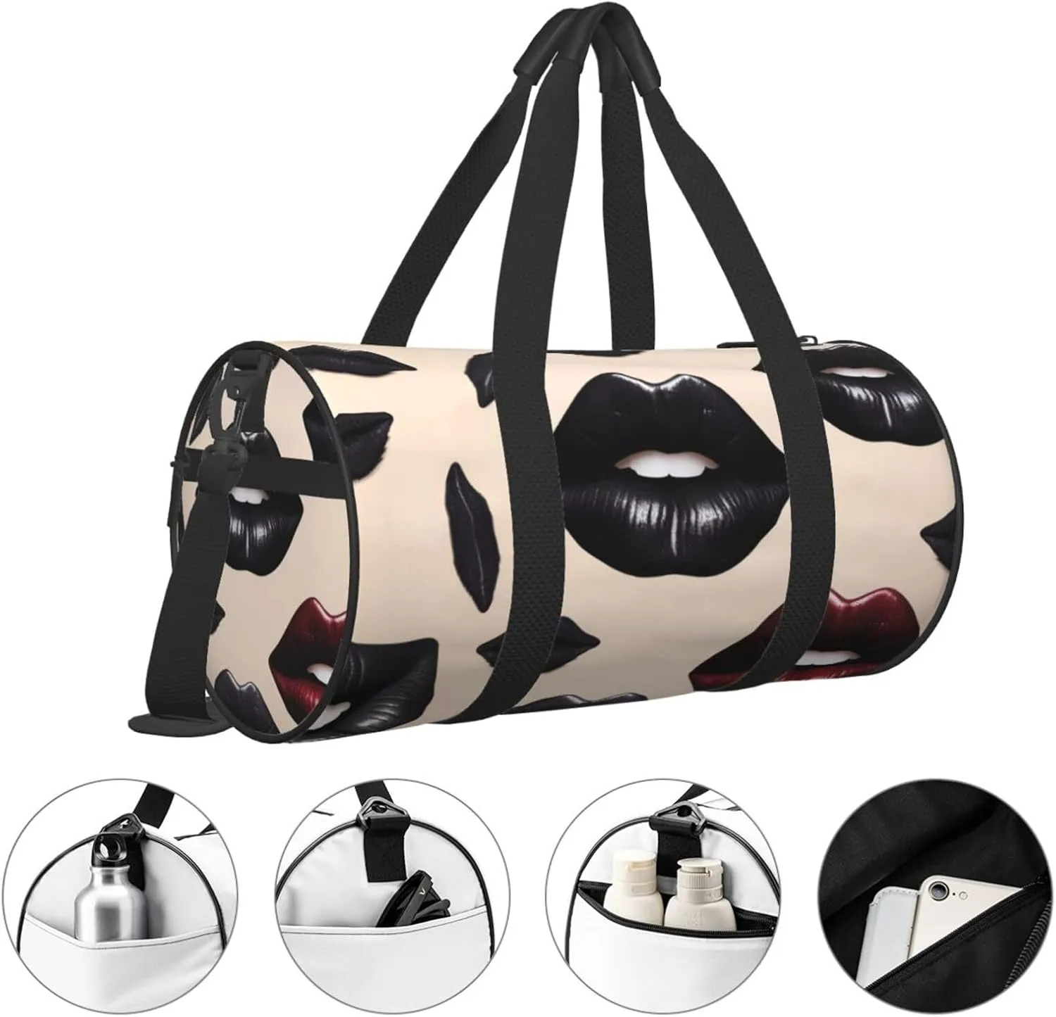 Cool Black Lipstick Lips Printed Travel Bag,Round Personal Item Storage bag,Foldie Duffel Bag for Traveling Vacation,Fitness,Sports