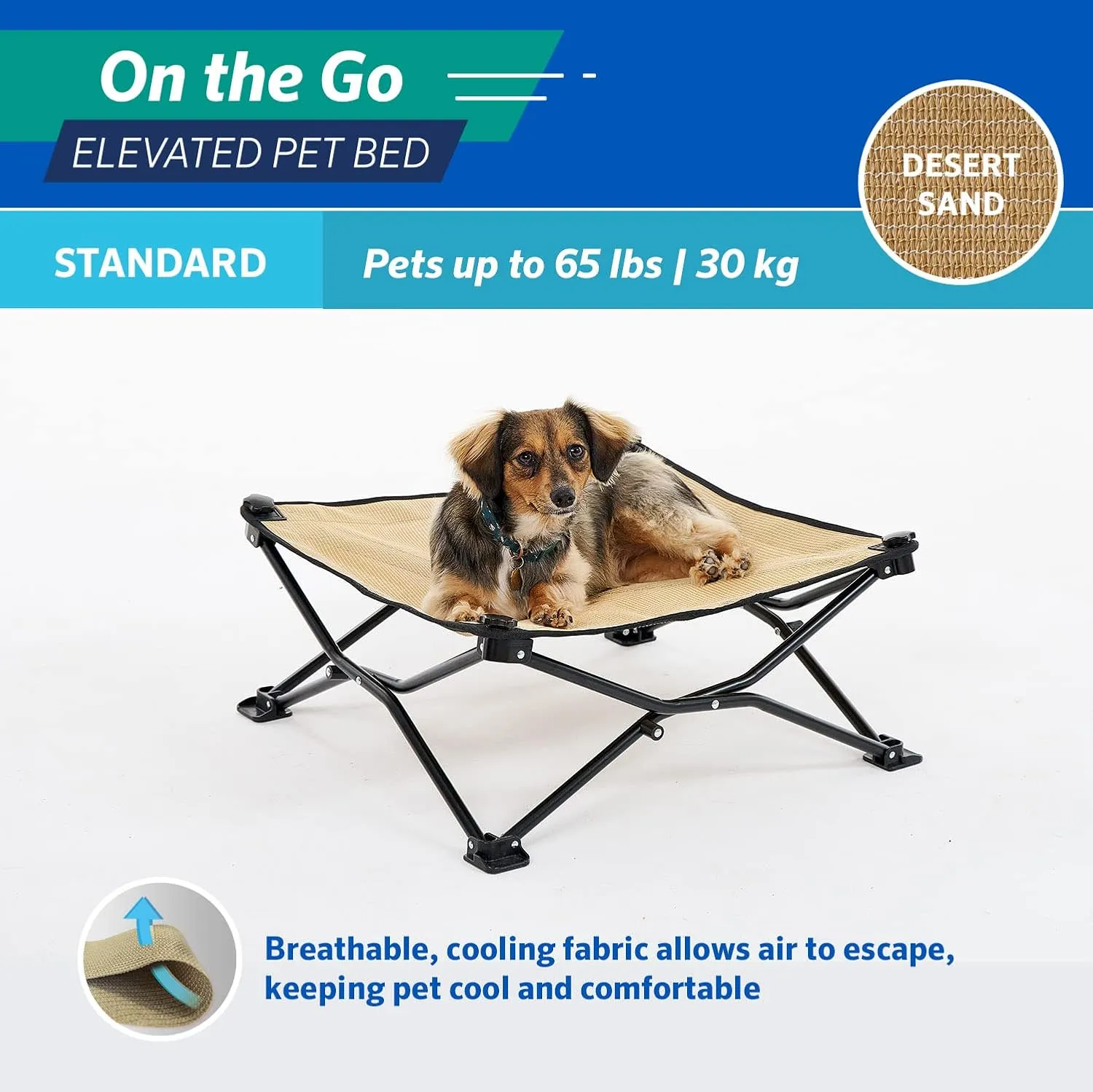 Coolaroo On-The-Go Elevated Dog Bed - Foldable Pop-Up Travel Dog Bed with Breathable, Moisture-Resistant Fabric, Carry Bag Included, Lightweight & Portable, Desert Sand, Standard