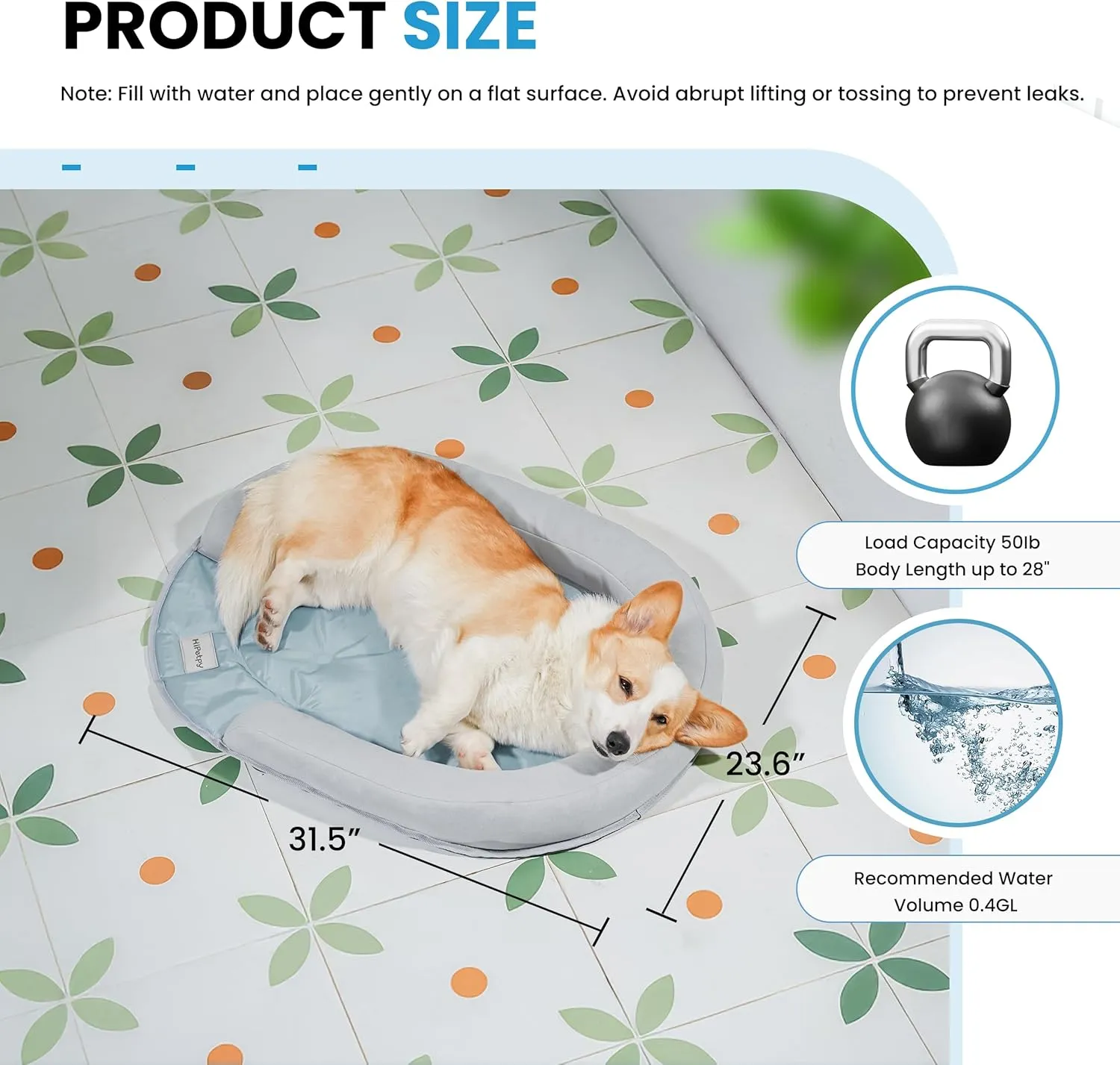 Cooling Dog Bed with Water Mat and Pillow, Waterproof Cooling Mat for Medium Small Dogs up to 50lbs, Pet Cool Pad with Summer Cool Fabric (Grey, G-Shaped)