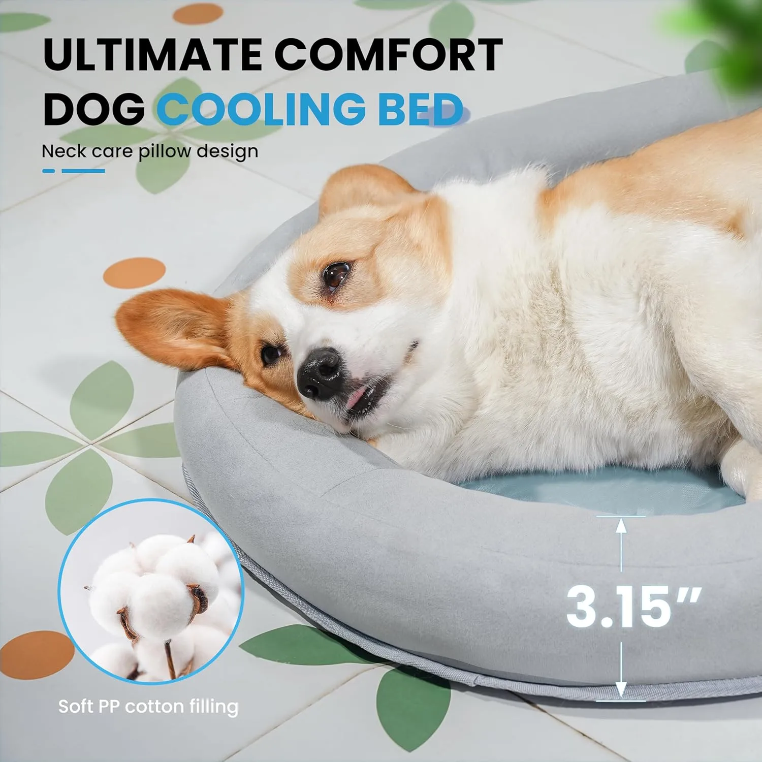 Cooling Dog Bed with Water Mat and Pillow, Waterproof Cooling Mat for Medium Small Dogs up to 50lbs, Pet Cool Pad with Summer Cool Fabric (Grey, G-Shaped)