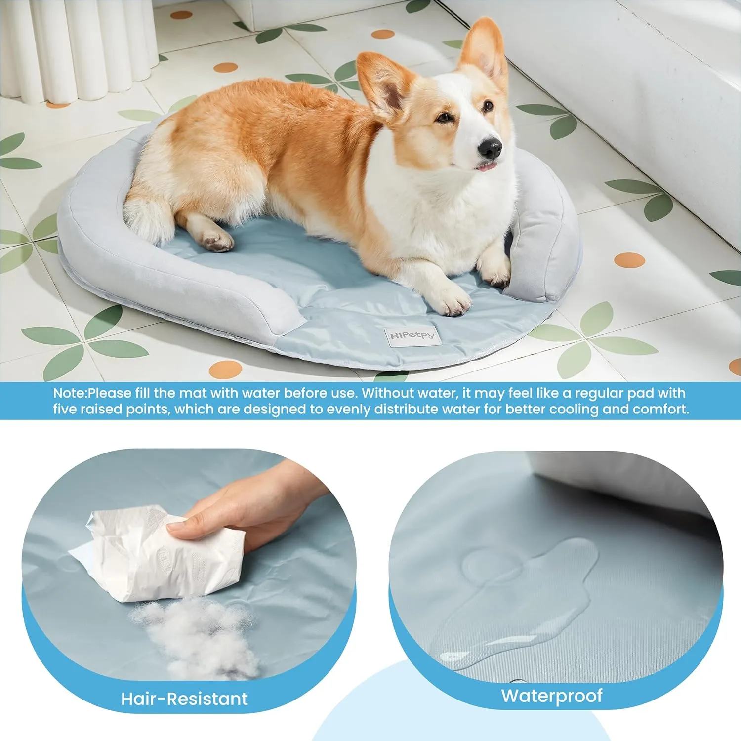 Cooling Dog Bed with Water Mat and Pillow, Waterproof Cooling Mat for Medium Small Dogs up to 50lbs, Pet Cool Pad with Summer Cool Fabric (Grey, G-Shaped)