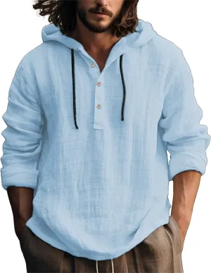 Cotton Hoodie Men Long Sleeve Summer Button Up Hooded Beach Fashion V Neck Dry Fit Tops Oversized Stylish Holiday Shirts