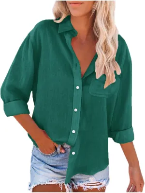 Cotton Linen Shirts for Women Long Sleeve Button Down Oversized Tshirts with Pockets Summer Beach Loose Gauze Tunic