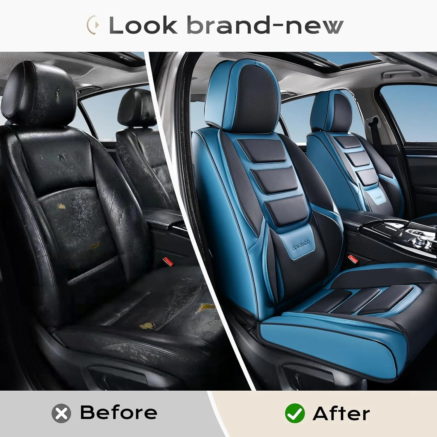Coverado Car Seat Covers Full Set, Seat Covers for Cars, Front Seat Covers and Back Seat Cover Waterproof Leather Automotive Seat Cover, Universal Car Interior Protectors Cushion for Most Cars Blue