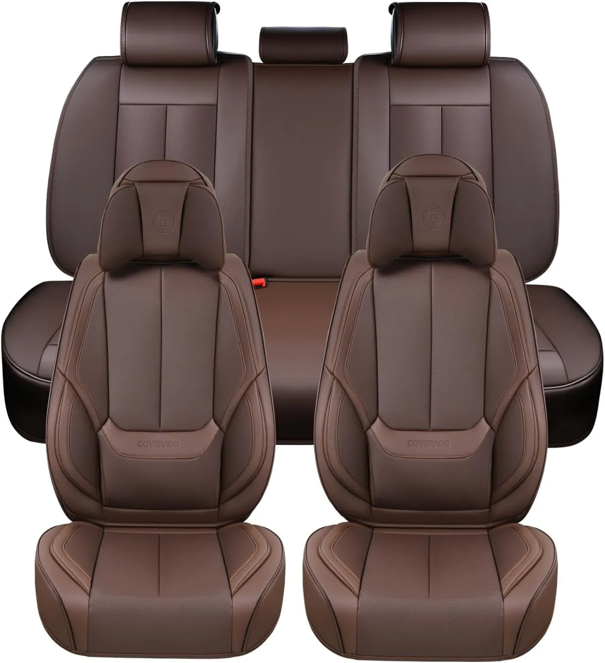 Coverado Front and Back Seat Covers 5 Pieces, Waterproof Nappa Leather Auto Seat Protectors Full Set with Head Pillow, Universal Car Accessories Fit for Most Sedans SUV Pick-up Truck, Brown