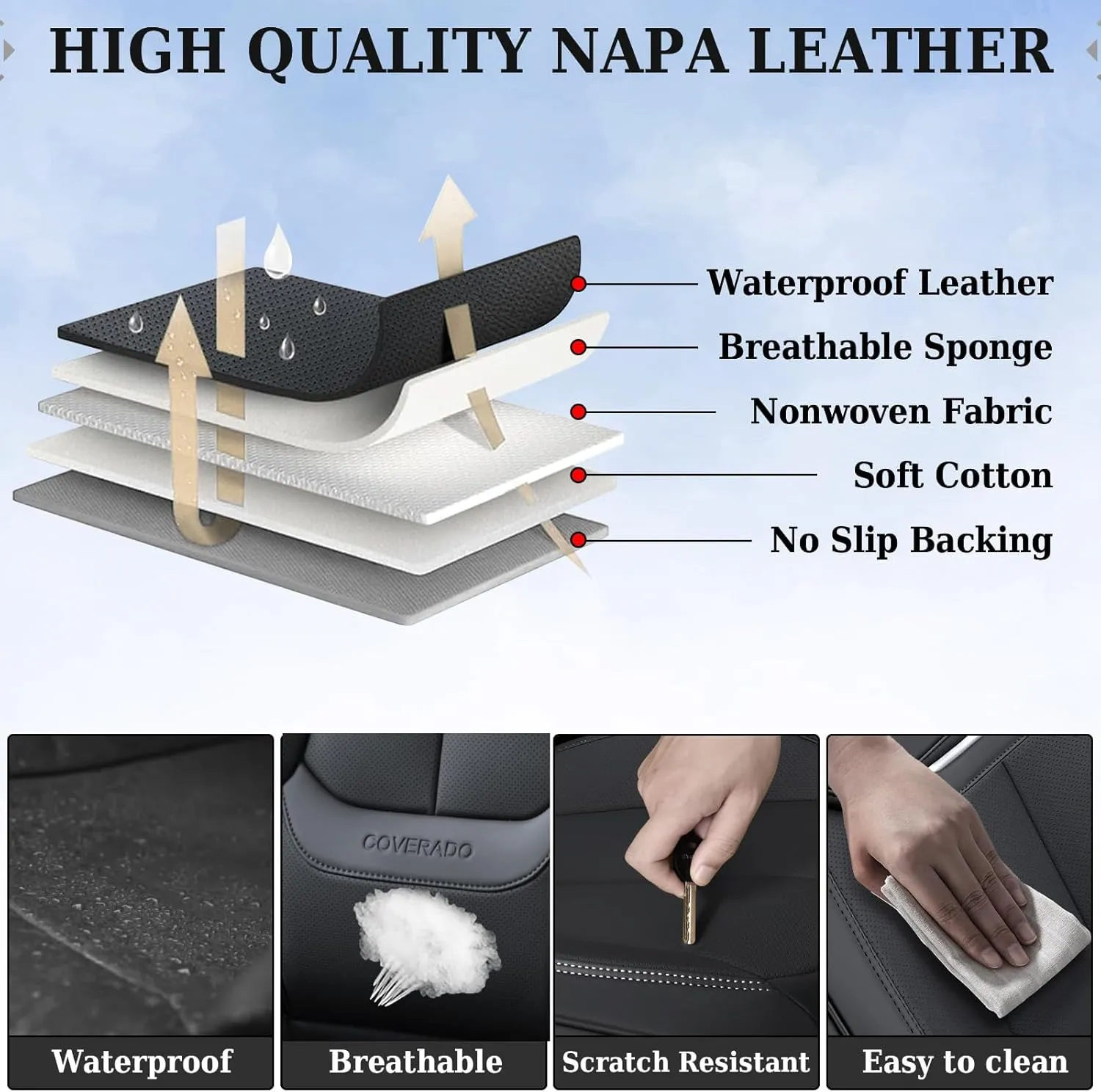 Coverado Seat Covers, Car Seat Covers Front Seats, Car Seat Cover, Car Seat Protector Waterproof, Car Seat Cushion Nappa Leather, Black Seat Covers Carseat Cover Universal Fit for Most Cars