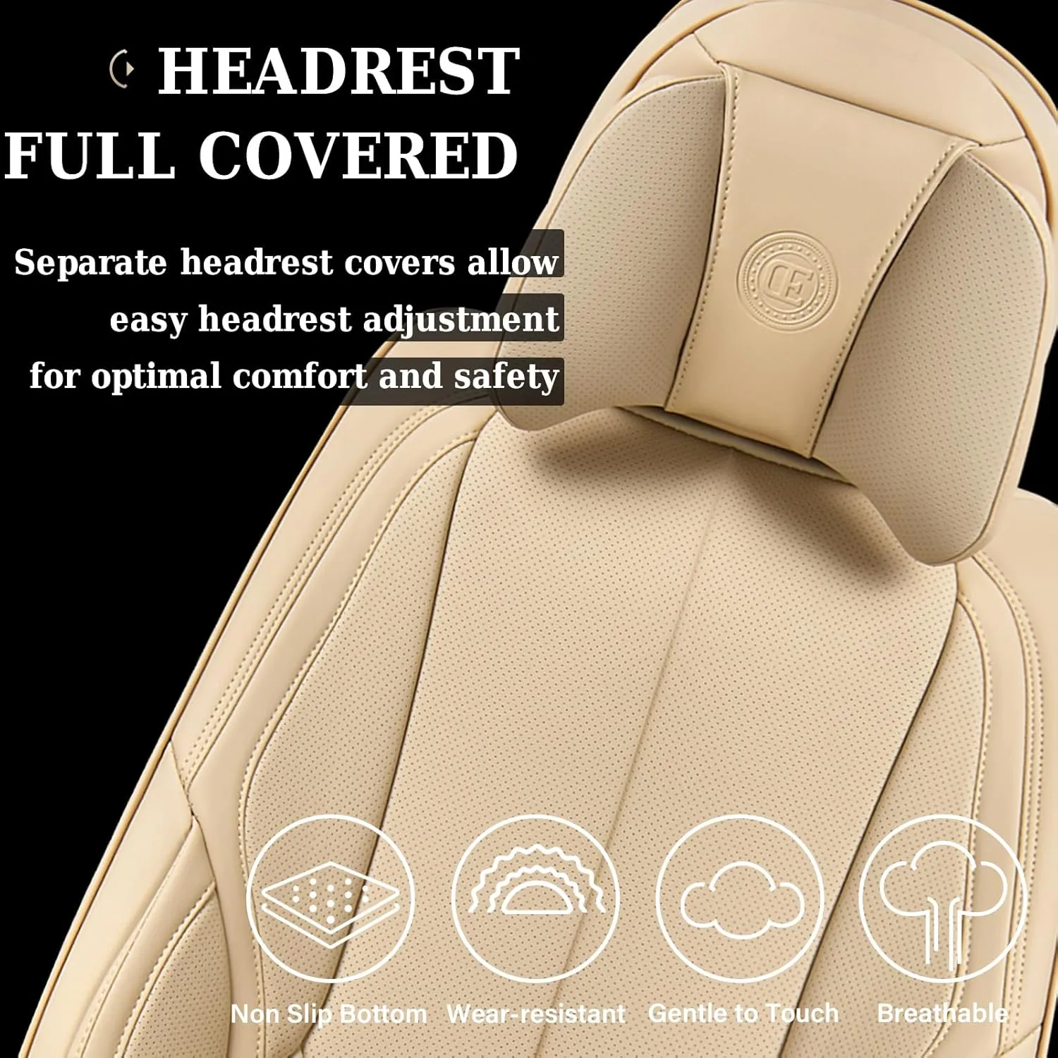 Coverado Universal Seat Covers Front, 2-Pack Universal Seat Covers for Cars, Waterproof Nappa Leather Car Seat Covers with Head Pillow, Auto Protectors Fit for Most Sedans SUV Pick-up Truck-Beige