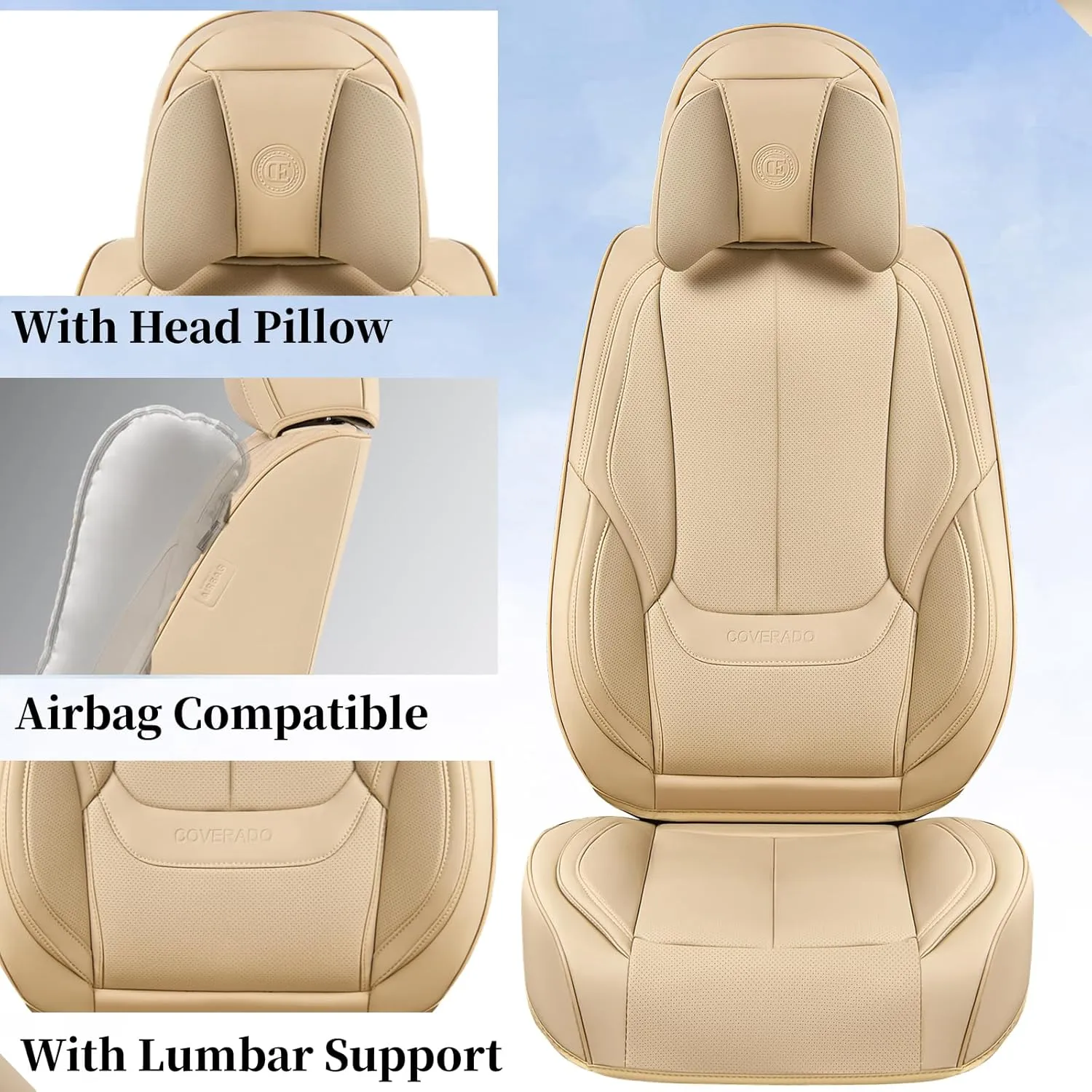 Coverado Universal Seat Covers Front, 2-Pack Universal Seat Covers for Cars, Waterproof Nappa Leather Car Seat Covers with Head Pillow, Auto Protectors Fit for Most Sedans SUV Pick-up Truck-Beige