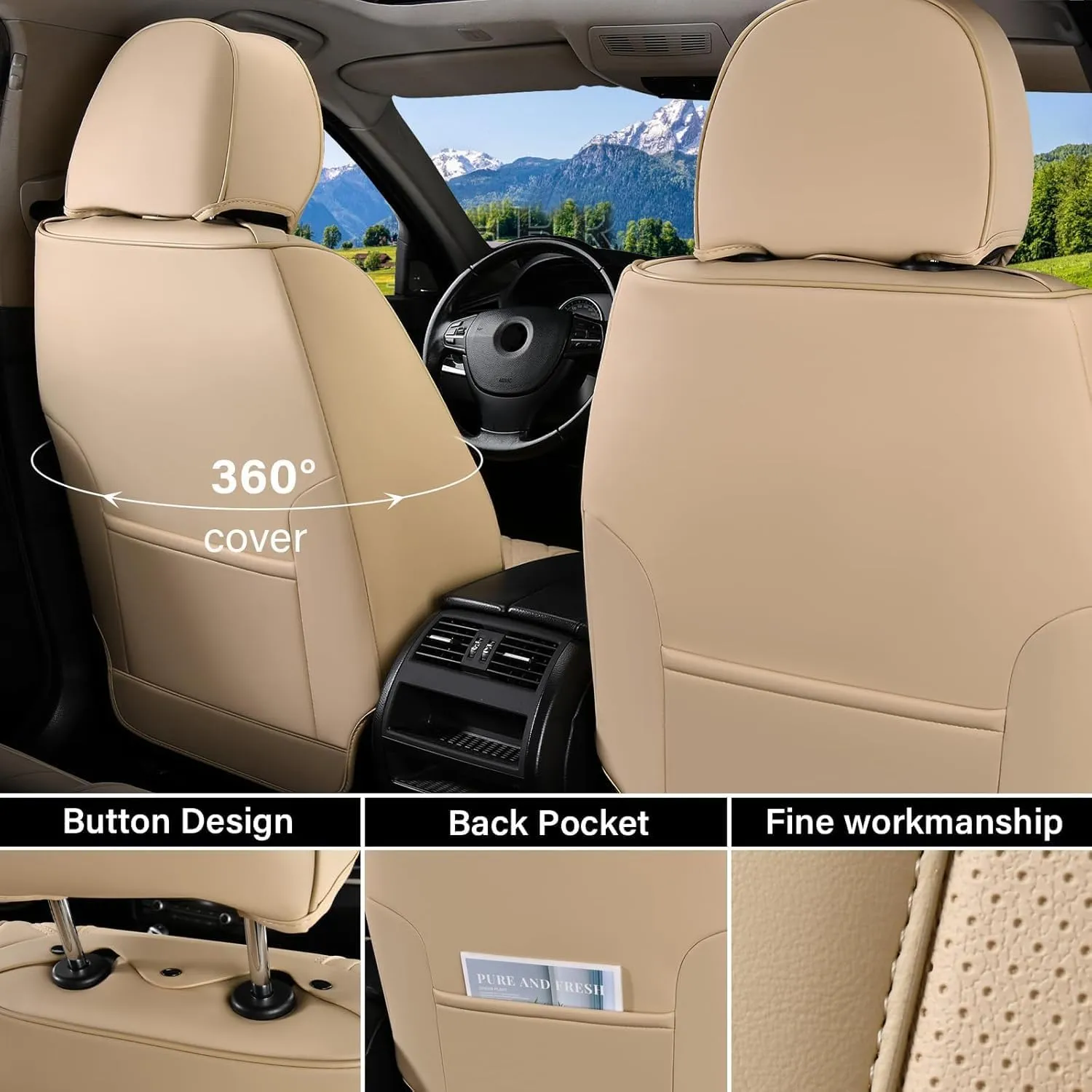 Coverado Universal Seat Covers Front, 2-Pack Universal Seat Covers for Cars, Waterproof Nappa Leather Car Seat Covers with Head Pillow, Auto Protectors Fit for Most Sedans SUV Pick-up Truck-Beige