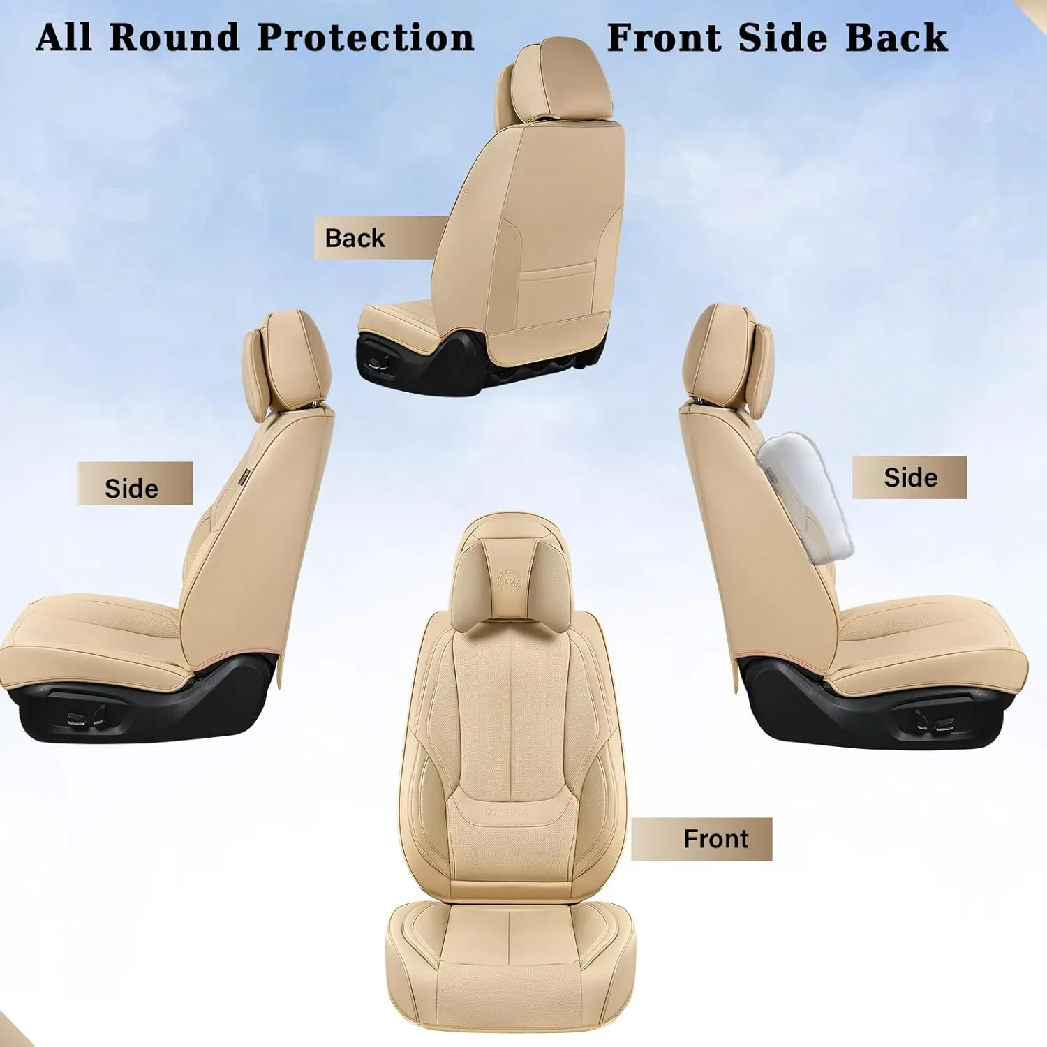 Coverado Universal Seat Covers Front, 2-Pack Universal Seat Covers for Cars, Waterproof Nappa Leather Car Seat Covers with Head Pillow, Auto Protectors Fit for Most Sedans SUV Pick-up Truck-Beige