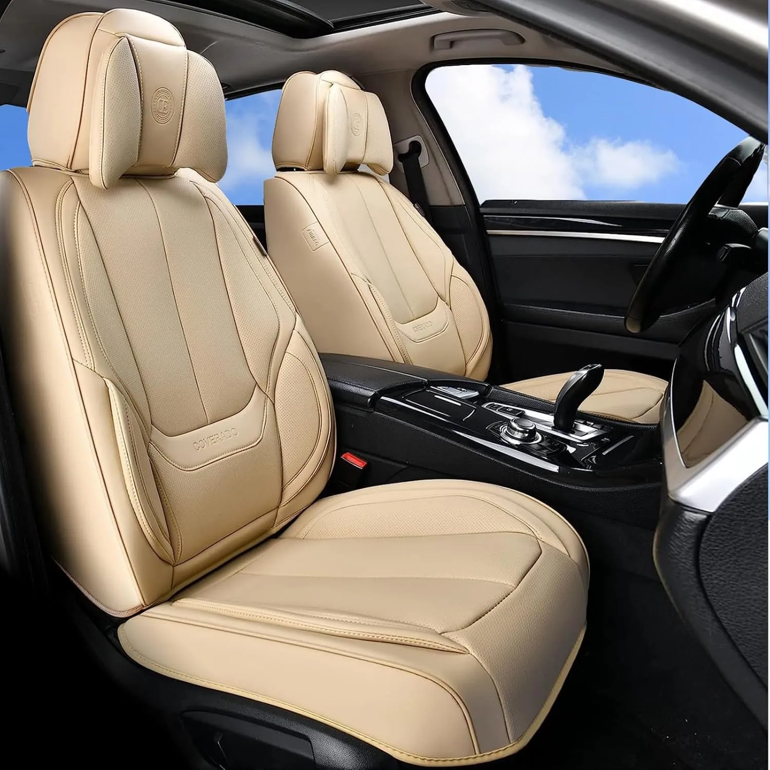 Coverado Universal Seat Covers Front, 2-Pack Universal Seat Covers for Cars, Waterproof Nappa Leather Car Seat Covers with Head Pillow, Auto Protectors Fit for Most Sedans SUV Pick-up Truck-Beige