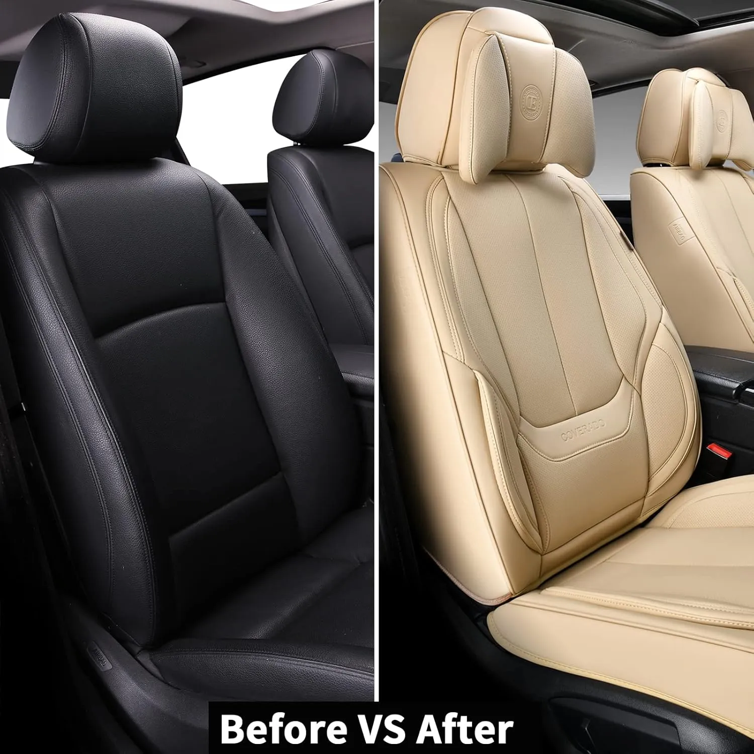 Coverado Universal Seat Covers Front, 2-Pack Universal Seat Covers for Cars, Waterproof Nappa Leather Car Seat Covers with Head Pillow, Auto Protectors Fit for Most Sedans SUV Pick-up Truck-Beige