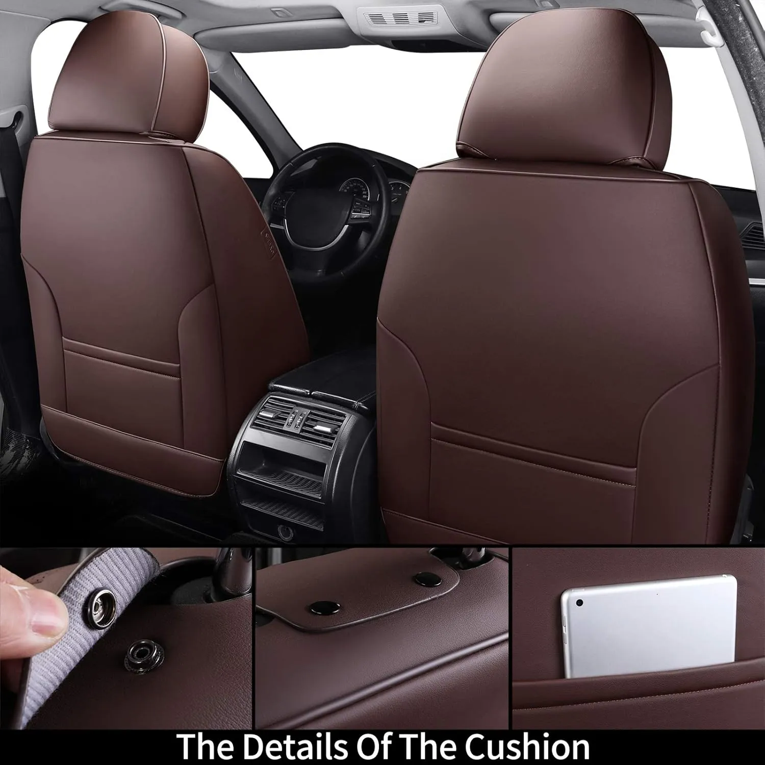 Coverado Universal Seat Covers Front, 2-Pack Universal Seat Covers for Cars, Waterproof Nappa Leather Car Seat Covers with Head Pillow, Auto Protectors Fit for Most Sedans SUV Pick-up Truck-Brown