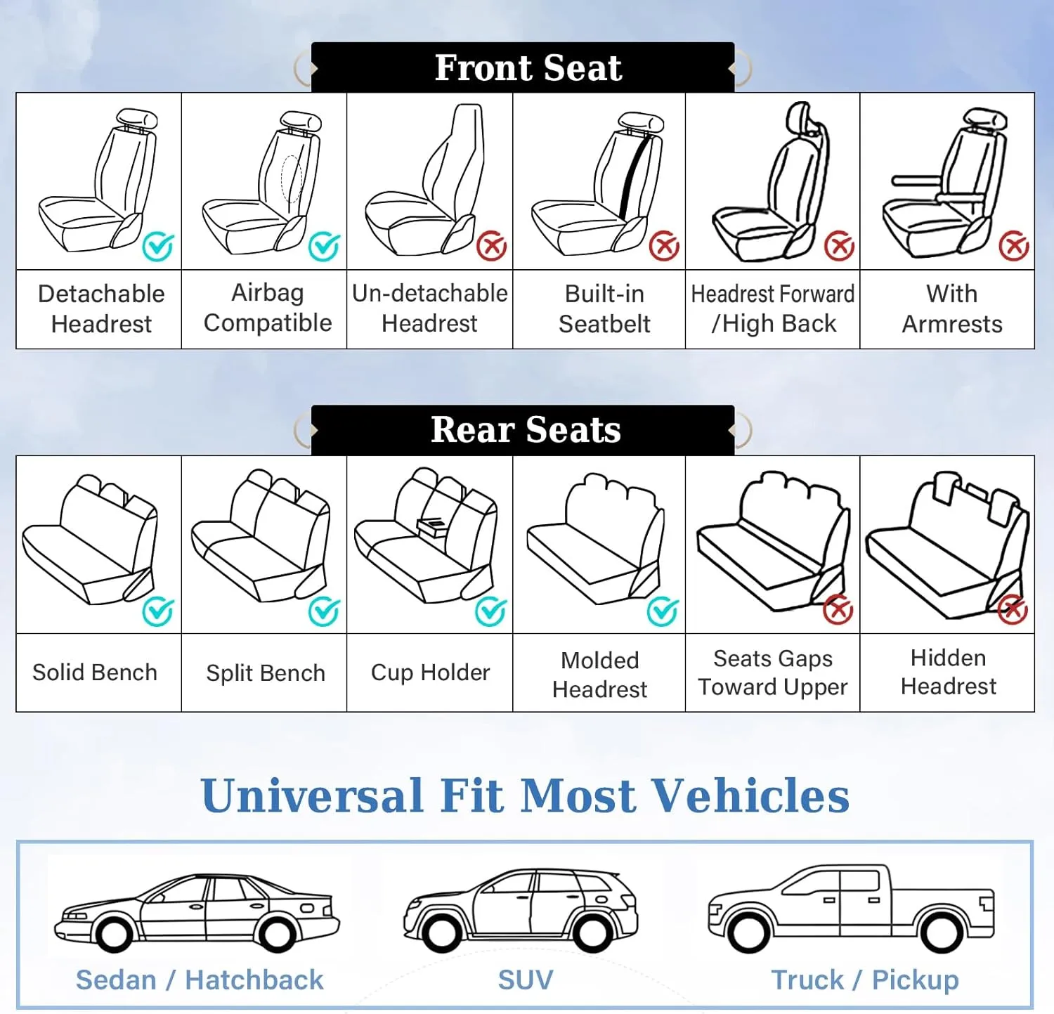 Coverado Universal Seat Covers Front, 2-Pack Universal Seat Covers for Cars, Waterproof Nappa Leather Car Seat Covers with Head Pillow, Auto Protectors Fit for Most Sedans SUV Pick-up Truck-Brown