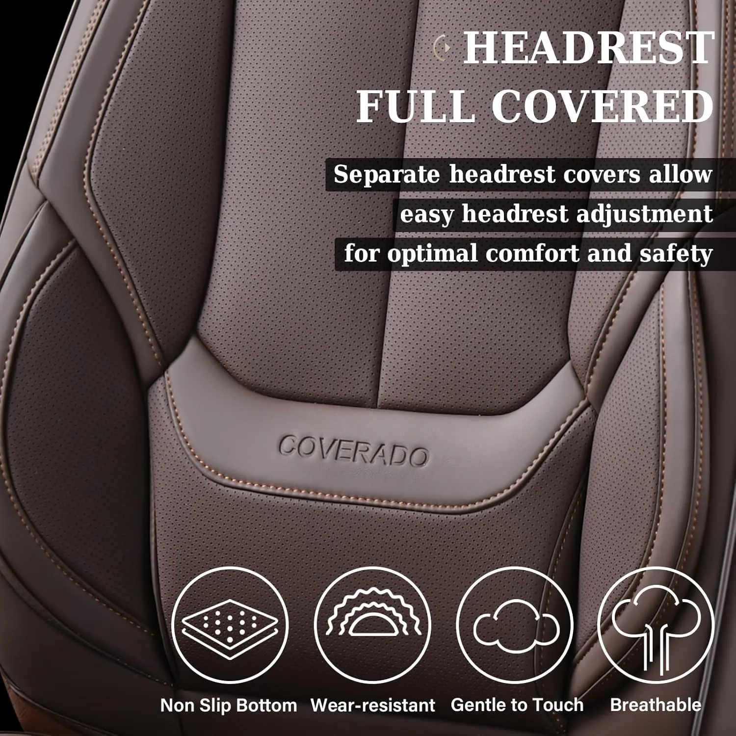 Coverado Universal Seat Covers Front, 2-Pack Universal Seat Covers for Cars, Waterproof Nappa Leather Car Seat Covers with Head Pillow, Auto Protectors Fit for Most Sedans SUV Pick-up Truck-Brown